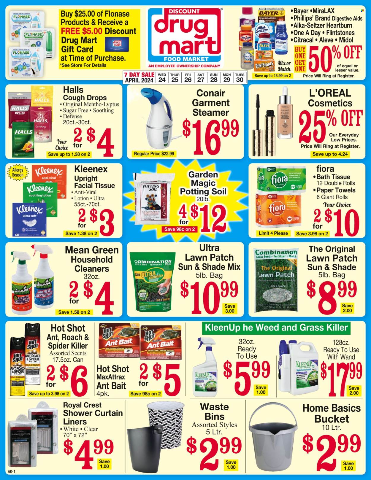 thumbnail - Discount Drug Mart Flyer - 04/24/2024 - 04/30/2024 - Sales products - lemons, Halls, seltzer water, bath tissue, Kleenex, kitchen towels, paper towels, cleaner, Crest, facial tissues, L’Oréal, fragrance, bag, bucket, shower curtain, Acer, grass seed, fertilizer, Aleve, cough drops, aspirin, Bayer, health supplement, allergy control, pain therapy. Page 1.