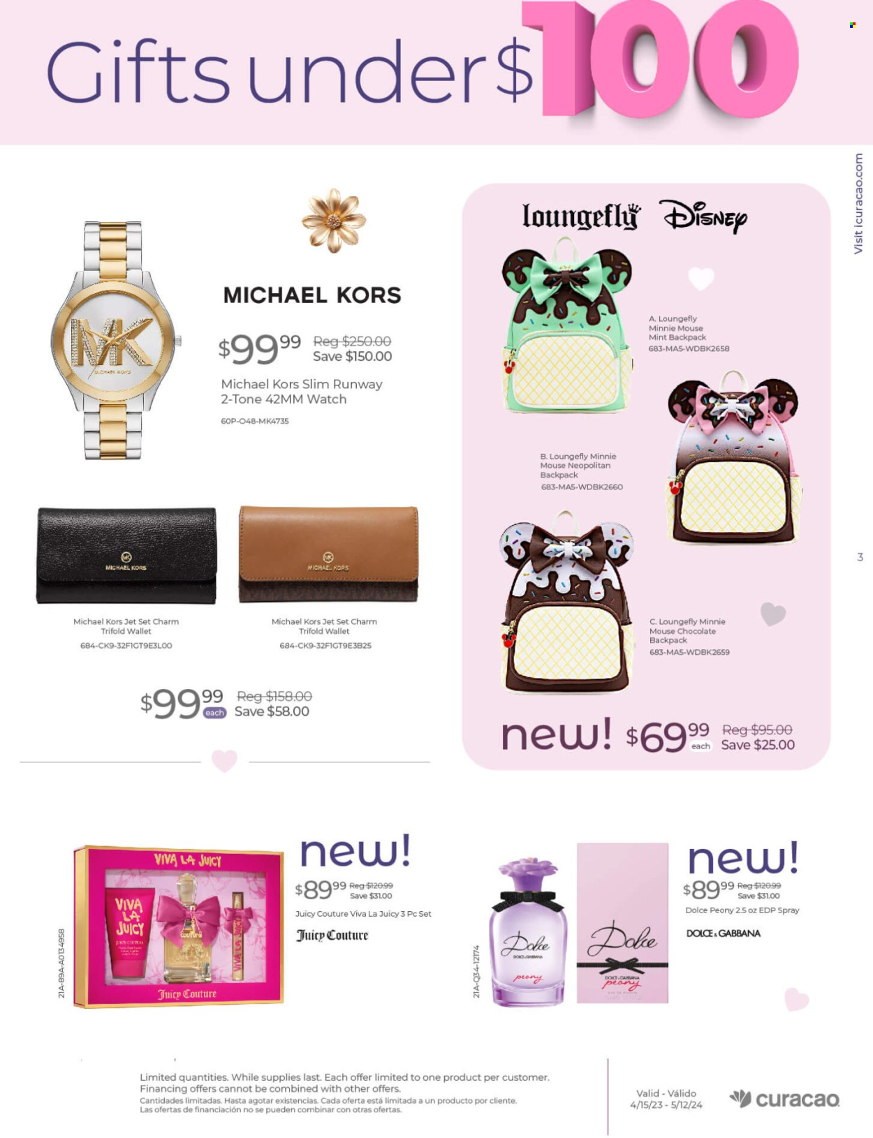 thumbnail - Curacao Flyer - 04/15/2024 - 05/12/2024 - Sales products - Dove, Dolce & Gabbana, eau de parfum, Disney, Michael Kors, Minnie Mouse, backpack, wallet, watch. Page 3.
