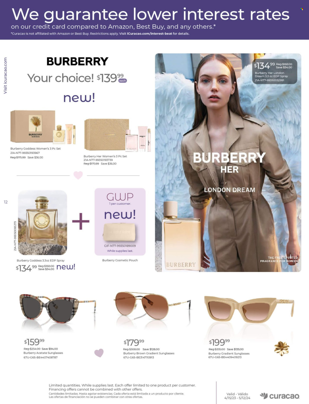 thumbnail - Curacao Flyer - 04/15/2024 - 05/12/2024 - Sales products - Burberry, eau de parfum, fragrance, sunglasses. Page 12.
