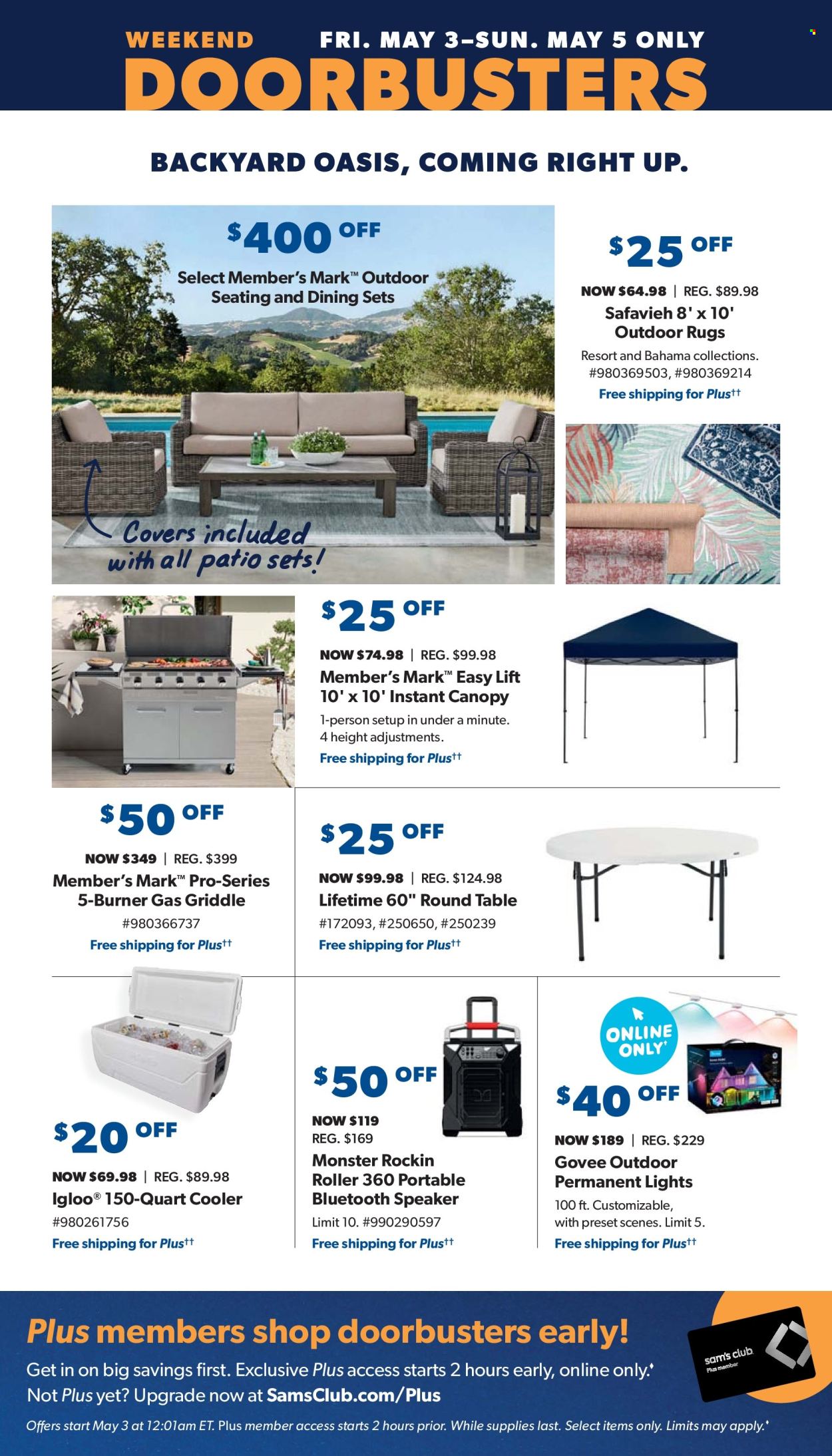 thumbnail - Sam's Club Flyer - 05/01/2024 - 06/02/2024 - Sales products - table, speaker, bluetooth speaker, rug, instant canopy, grill, griddle. Page 3.