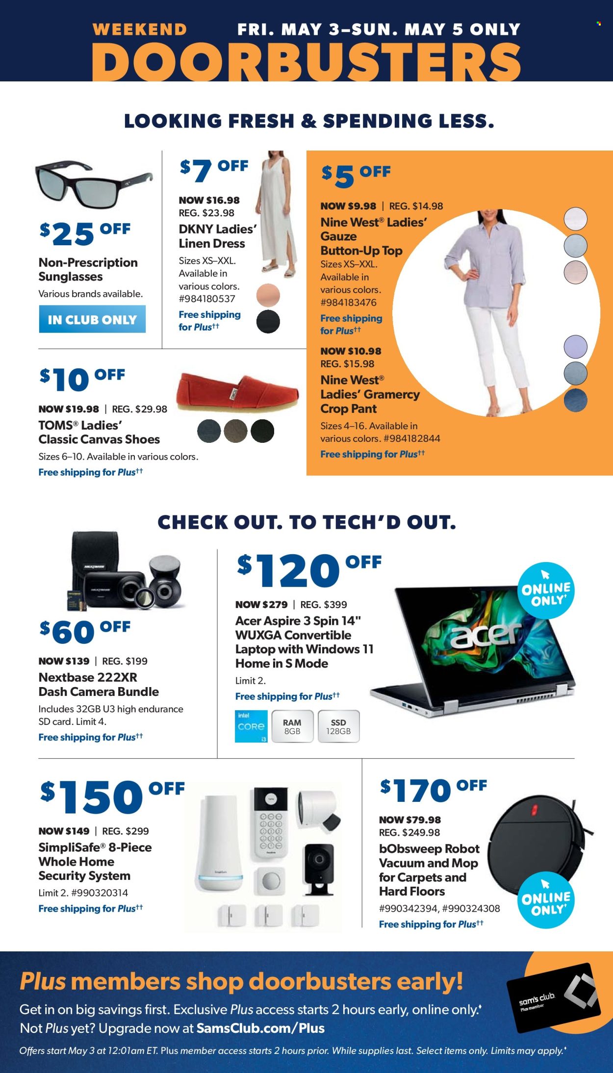thumbnail - Sam's Club Flyer - 05/01/2024 - 06/02/2024 - Sales products - DKNY, shoes, Acer, mop, linens, memory card, laptop, camera, Nextbase, dashboard camera, robot vacuum, dress, sunglasses. Page 6.