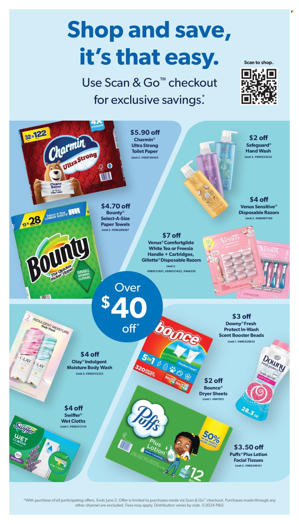 thumbnail - Sam's Club Flyer - 05/01/2024 - 06/02/2024 - Sales products - puffs, Bounty, toilet paper, tissues, kitchen towels, paper towels, Charmin, Swiffer, Bounce, dryer sheets, scent booster, body wash, hand wash, facial tissues, Olay, Gillette, Venus, disposable razor, cloths, freesia. Page 9.