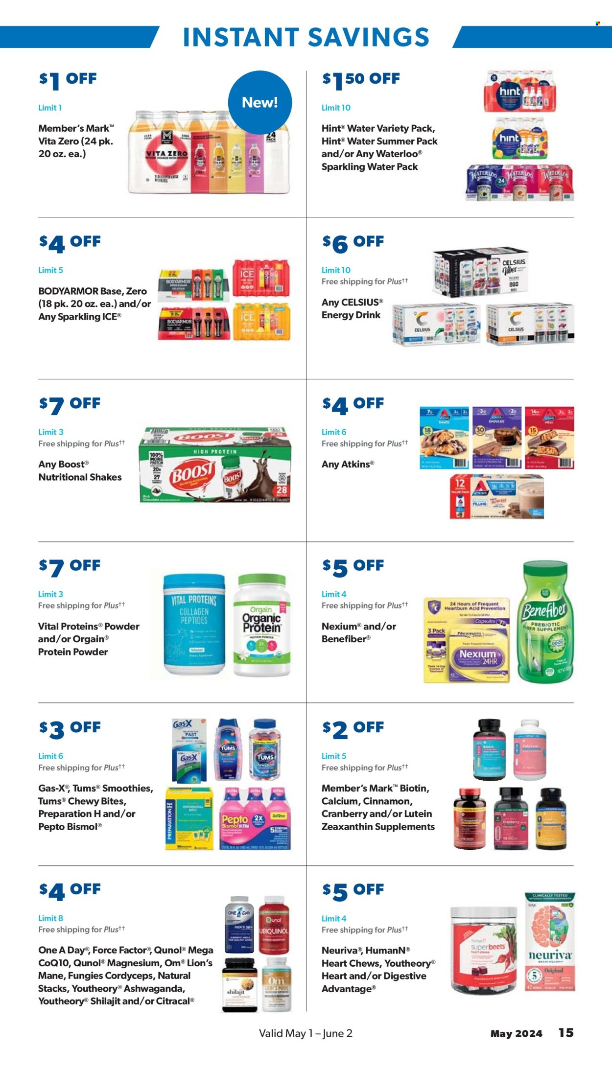 thumbnail - Sam's Club Flyer - 05/01/2024 - 06/02/2024 - Sales products - shake, probiotic drink, chewing gum, cinnamon, energy drink, electrolyte drink, smoothie, flavored water, sparkling water, water, Boost, Biotin, calcium, magnesium, Qunol, Pepto-bismol, Nexium, whey protein, Vital Proteins, Antacid, acid blocker, antinauseant product. Page 15.