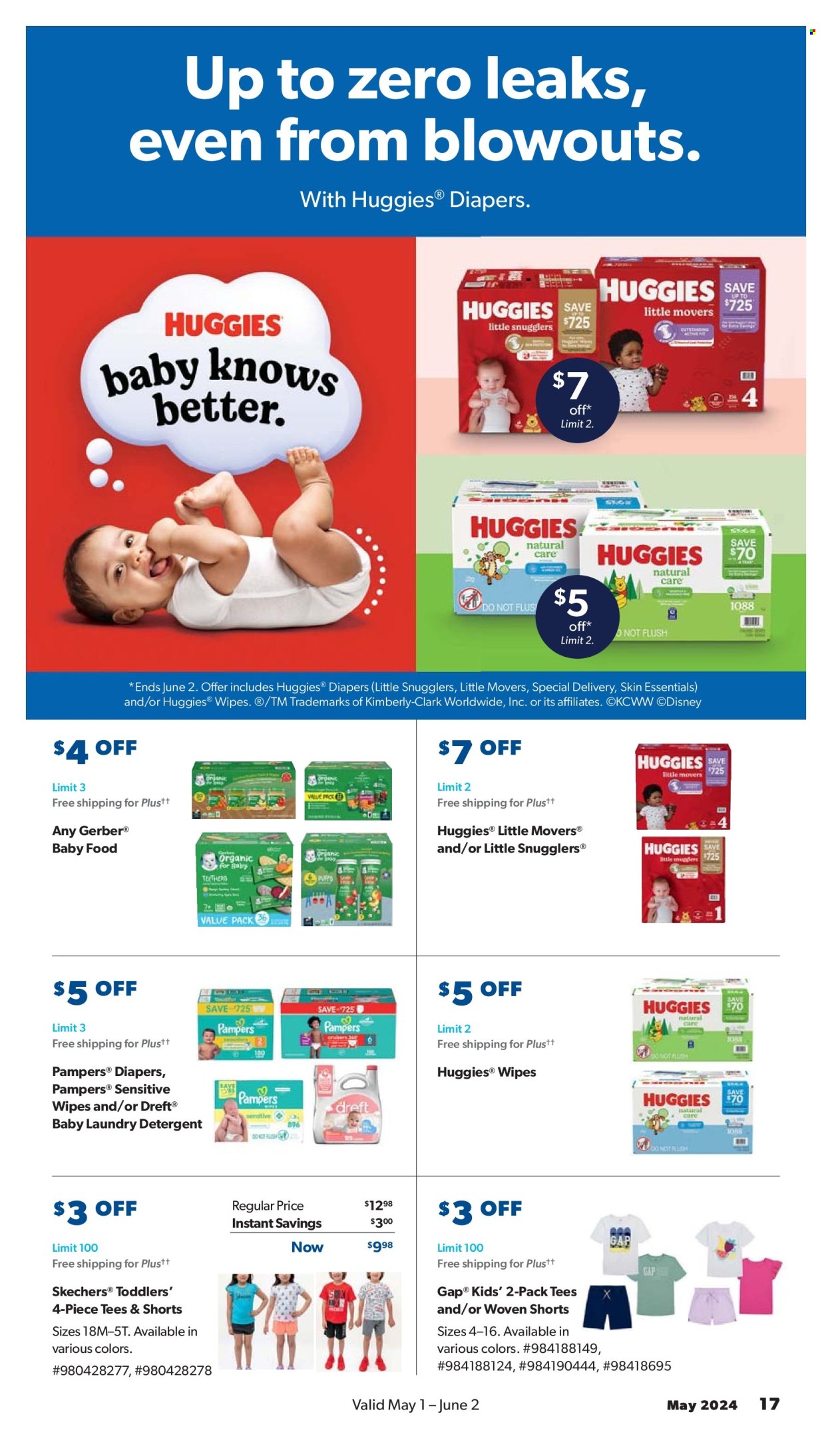thumbnail - Sam's Club Flyer - 05/01/2024 - 06/02/2024 - Sales products - Skechers, Disney, Gerber, wipes, Huggies, Pampers, nappies, detergent, laundry detergent, shorts. Page 17.