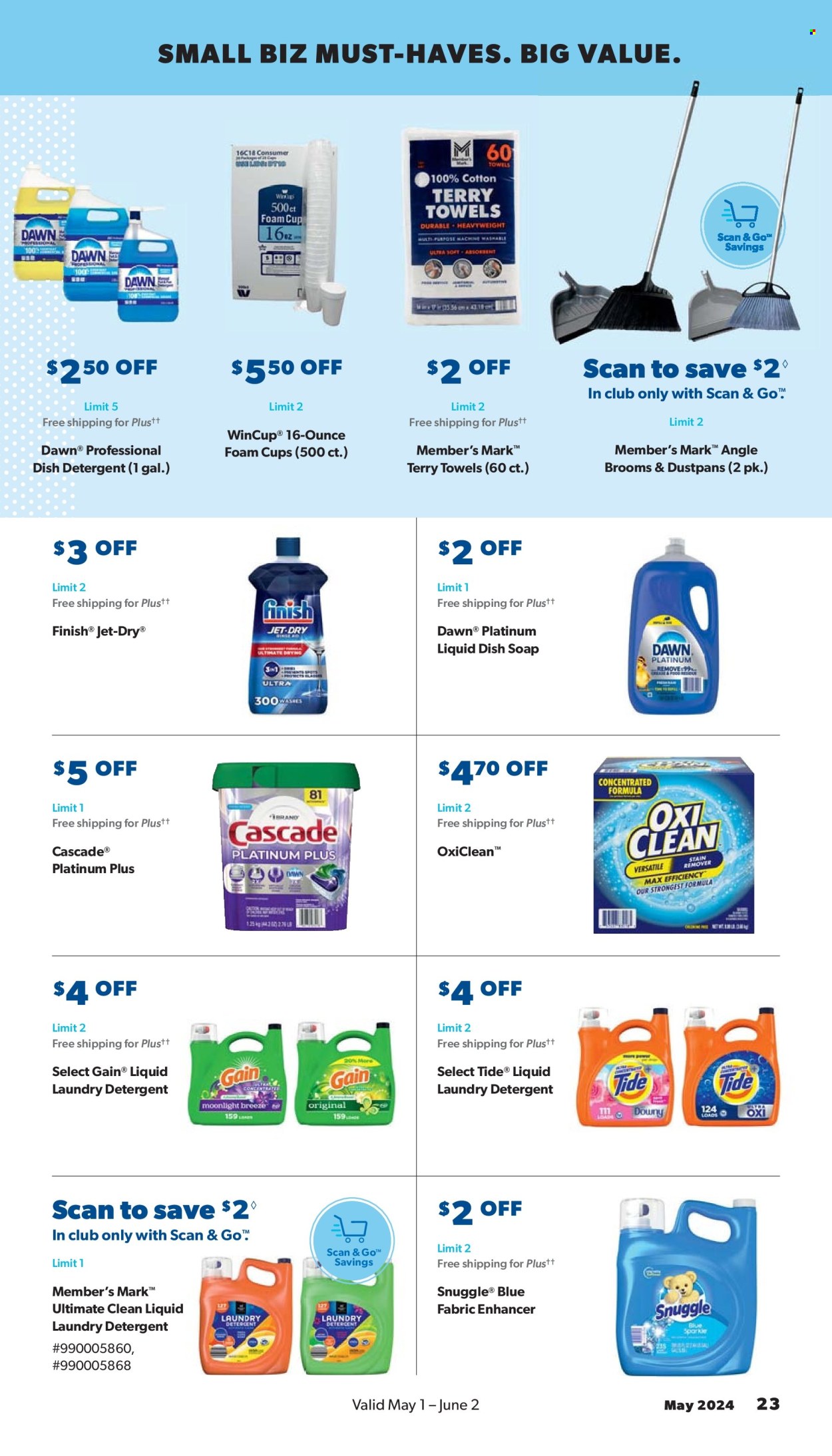 thumbnail - Sam's Club Flyer - 05/01/2024 - 06/02/2024 - Sales products - detergent, Gain, Cascade, Snuggle, Tide, laundry detergent, dishwashing liquid, Jet, cup, foam cup, towel. Page 23.