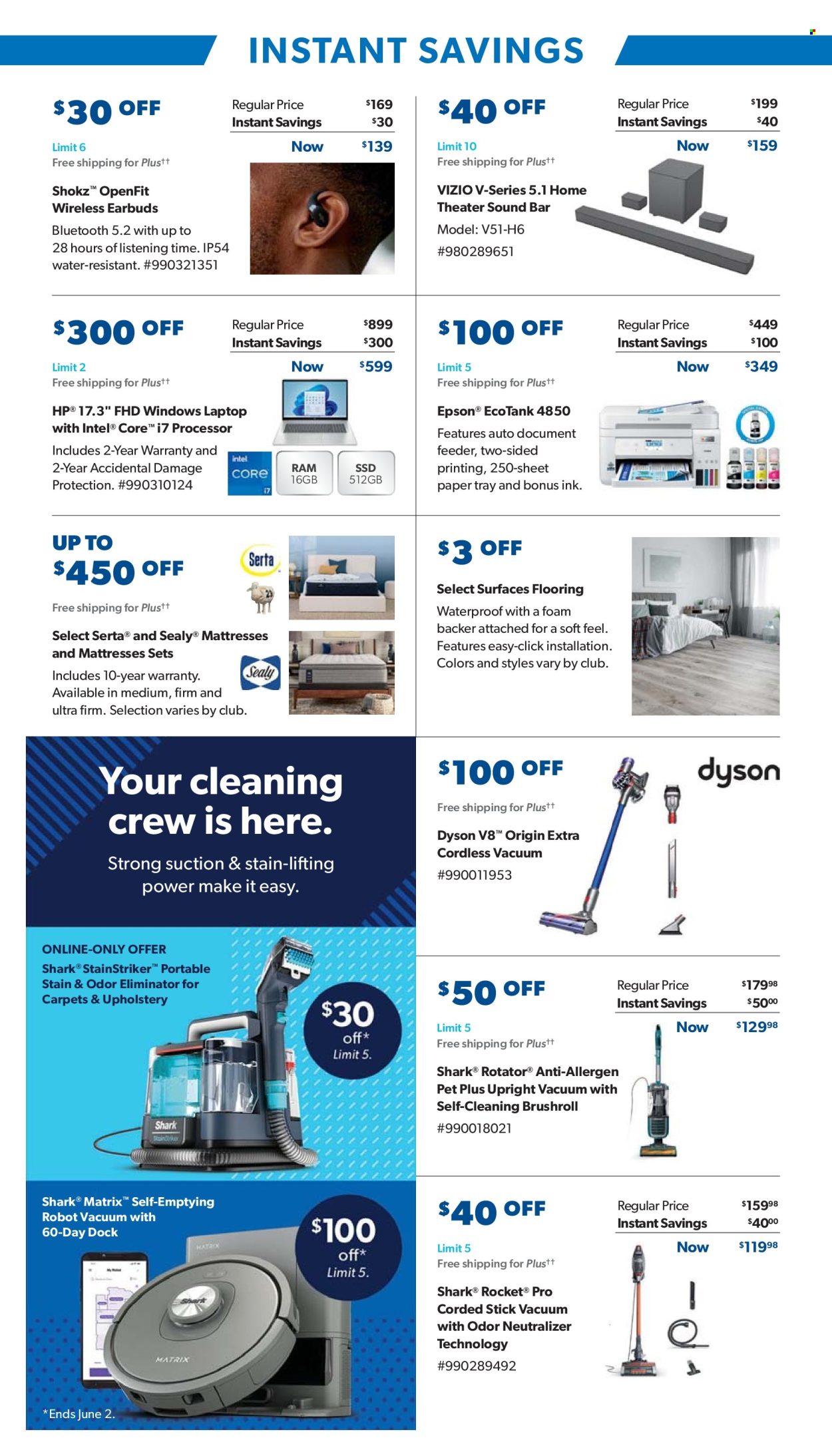thumbnail - Sam's Club Flyer - 05/01/2024 - 06/02/2024 - Sales products - mattress, Intel, Vizio, Hewlett Packard, odor eliminator, paper, laptop, home theater, Epson, sound bar, earbuds, Dyson, vacuum cleaner, robot vacuum, flooring. Page 26.
