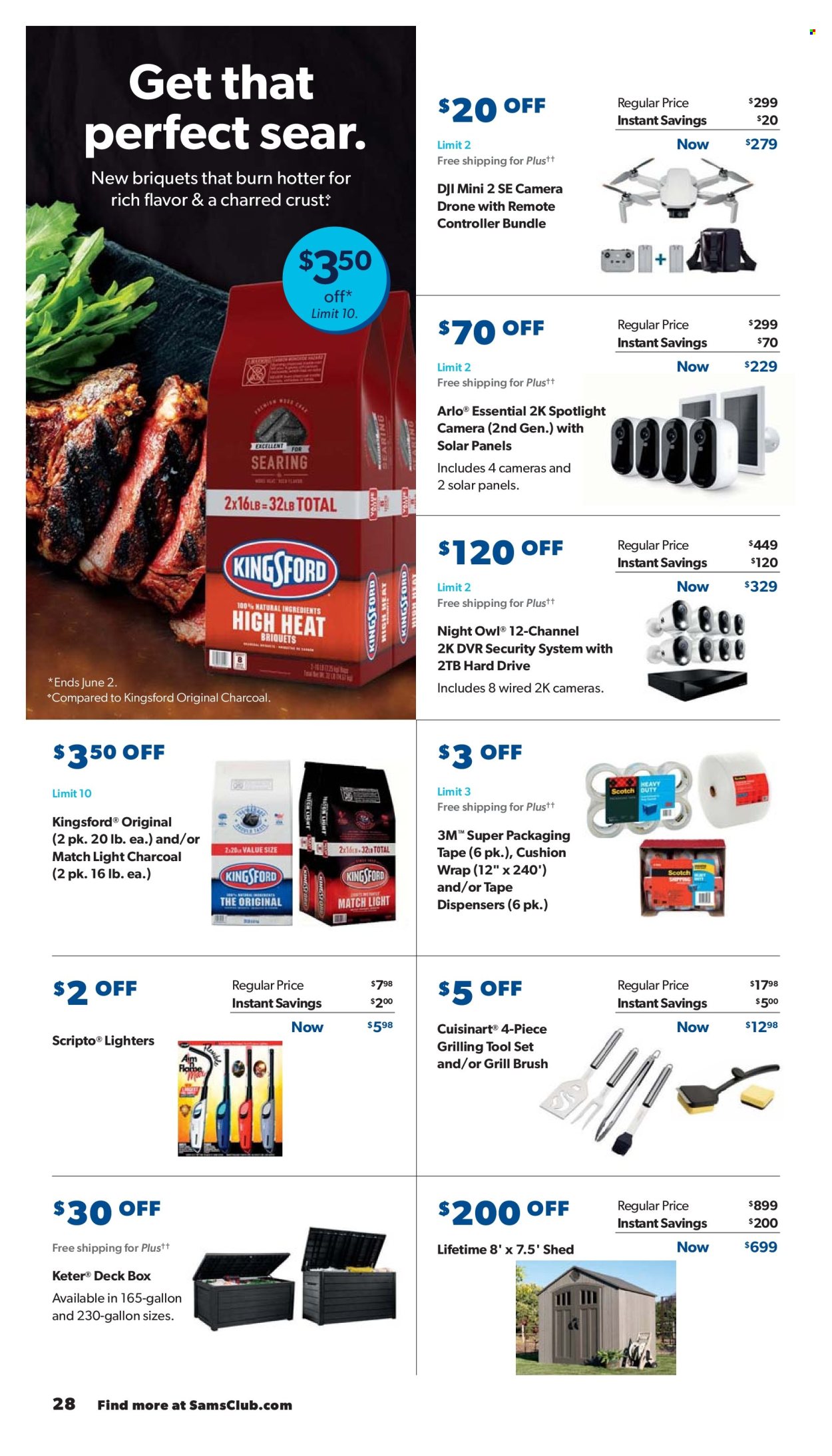 thumbnail - Sam's Club Flyer - 05/01/2024 - 06/02/2024 - Sales products - cushion, Kingsford, shipping tape, Cuisinart, DJI, drone, hard disk, owl, solar panel, tool set, shed, grill, briquettes. Page 28.