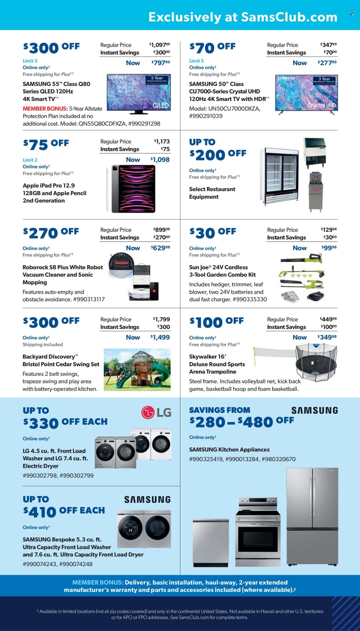 thumbnail - Sam's Club Flyer - 05/01/2024 - 06/02/2024 - Sales products - LG, tablet, iPad, iPad Pro, pencil, Samsung, Apple Pencil, smart tv, TV, washing machine, electric dryer, vacuum cleaner, robot vacuum, trimmer, belt, basketball, basketball hoop, trampoline, leaf blower, swing set, combo kit, blower. Page 31.