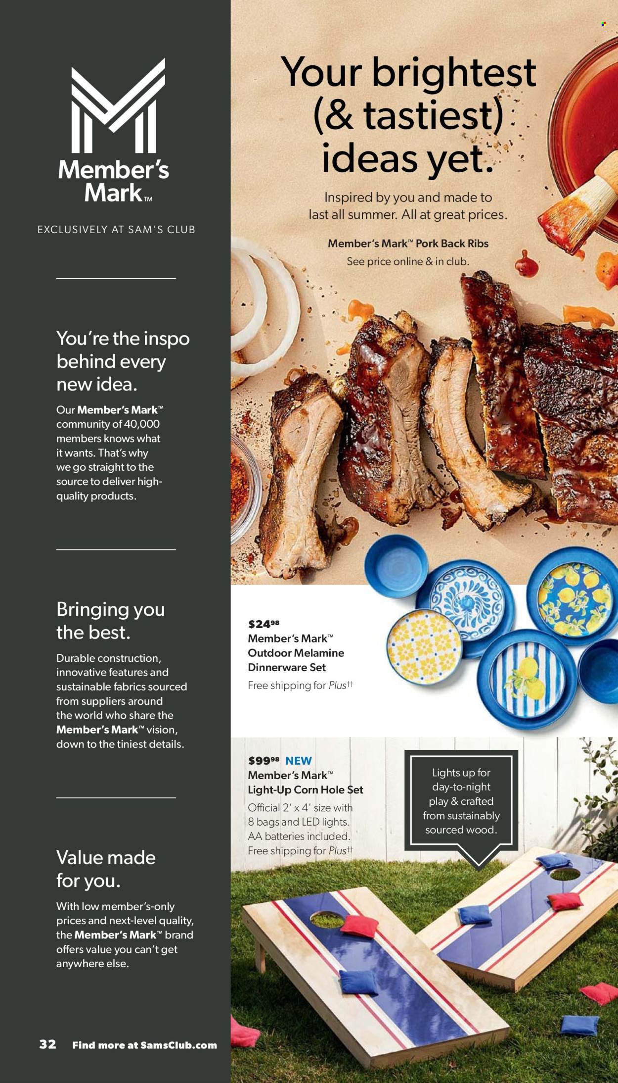 thumbnail - Sam's Club Flyer - 05/01/2024 - 06/02/2024 - Sales products - corn, ribs, pork meat, pork ribs, pork back ribs, bag, dinnerware set, aa batteries, LED light. Page 32.