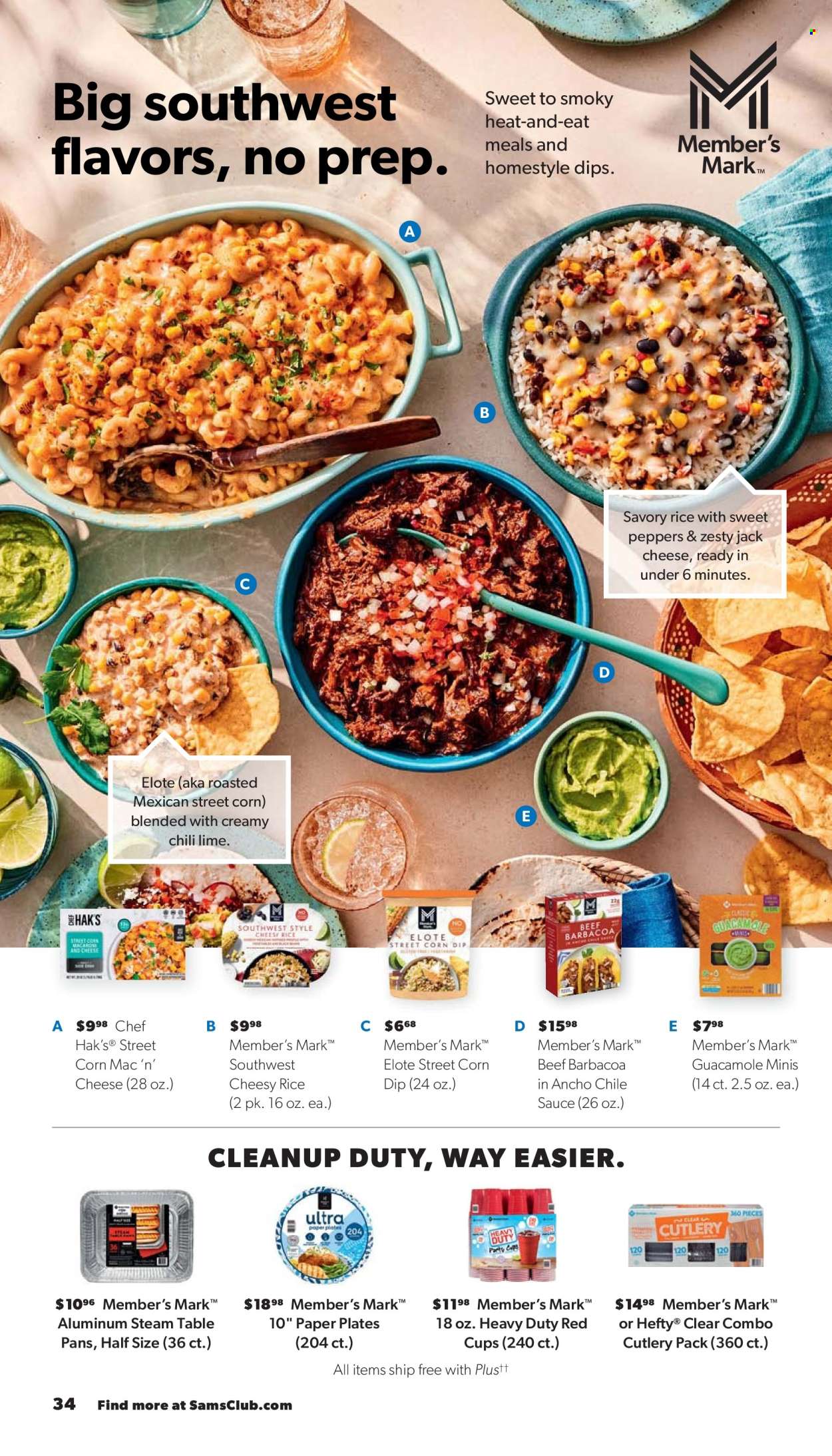 thumbnail - Sam's Club Flyer - 05/01/2024 - 06/02/2024 - Sales products - table, sweet peppers, peppers, macaroni & cheese, dip, guacamole, rice, Hefty, plate, pan, cup, paper plate, sauce. Page 34.