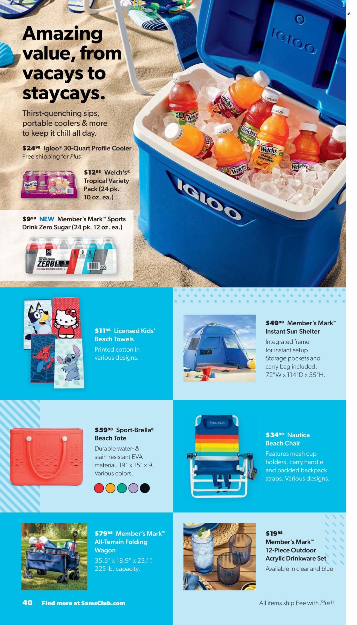 thumbnail - Sam's Club Flyer - 05/01/2024 - 06/02/2024 - Sales products - chair, beach chair, tote, Welch's, electrolyte drink, water, drinkware, cup, beach towel, carry bag, folding wagon. Page 40.