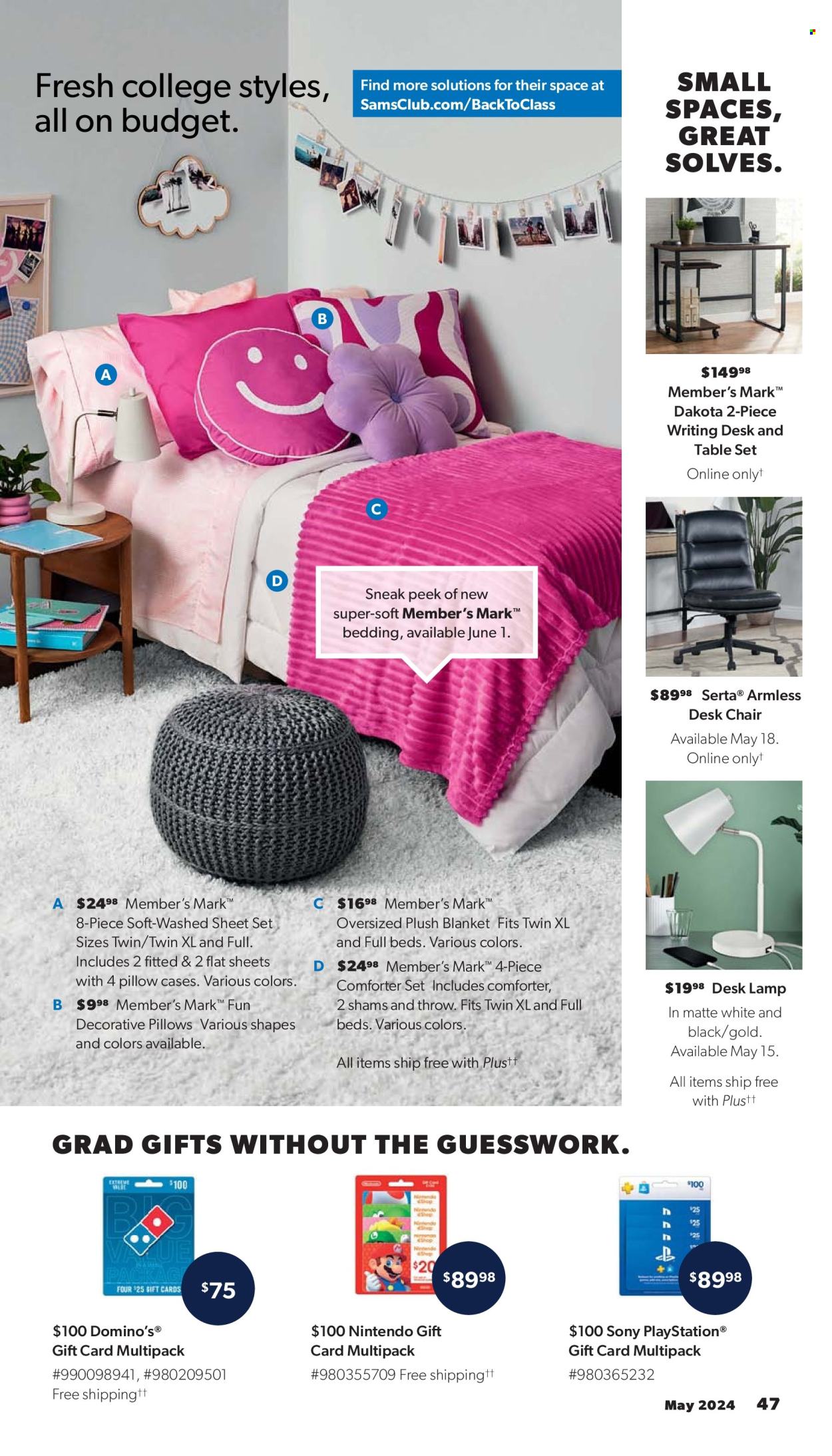 thumbnail - Sam's Club Flyer - 05/01/2024 - 06/02/2024 - Sales products - table set, chair, bed, office chair, Sony, pillow, bedding, blanket, comforter, PlayStation, PS, lamp, table lamp. Page 47.