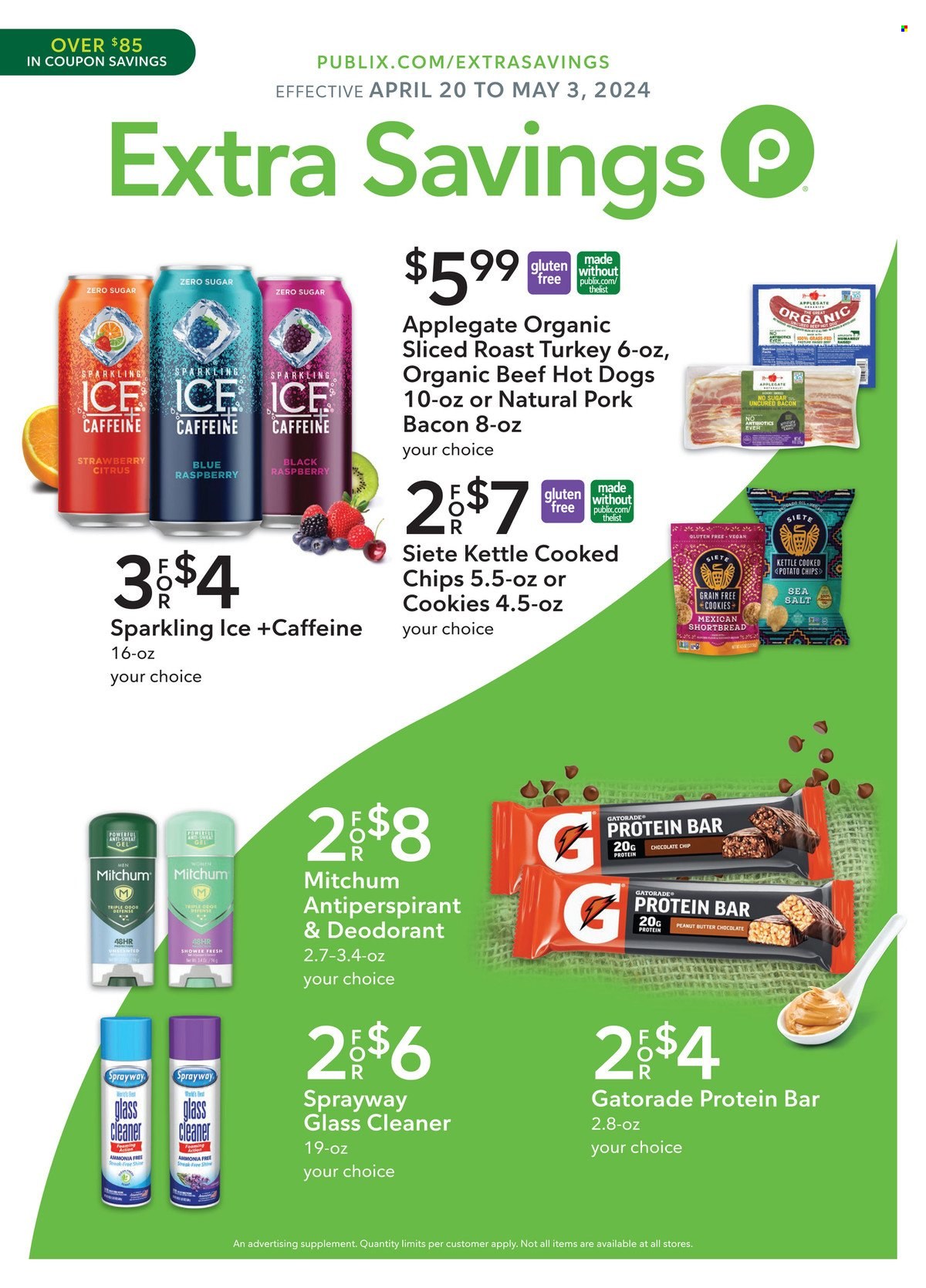 thumbnail - Publix Flyer - 04/20/2024 - 05/03/2024 - Sales products - hot dog, roast, protein chocolate, biscuit, potato chips, protein bar, peanut butter, Gatorade, flavored water, turkey, glass cleaner, anti-perspirant, deodorant. Page 1.