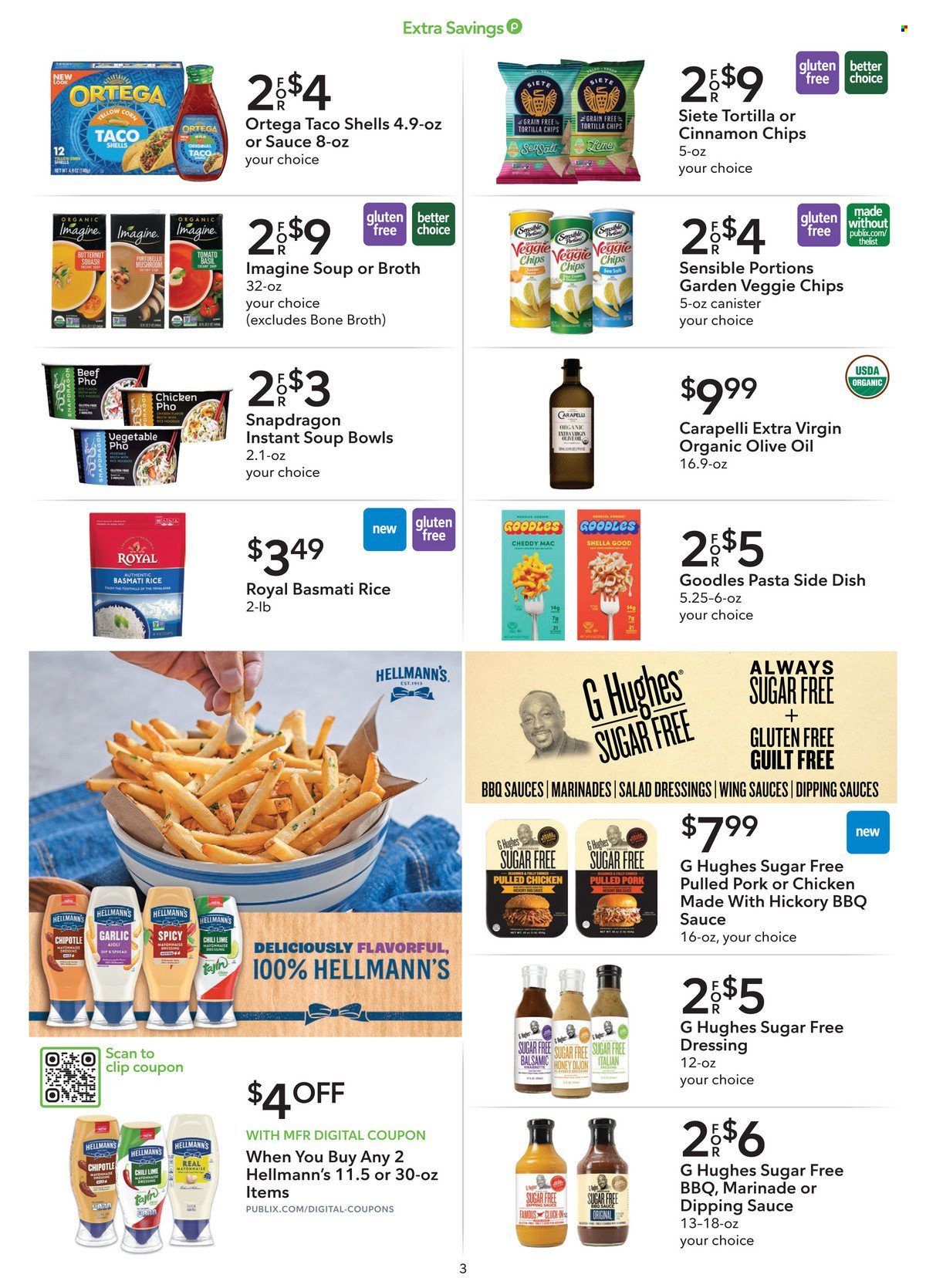 thumbnail - Publix Flyer - 04/20/2024 - 05/03/2024 - Sales products - tacos, butternut squash, condensed soup, soup, pasta, instant soup, pulled pork, pulled chicken, Hellmann’s, tortilla chips, chips, sea salt, broth, Carapelli, basmati rice, basil, BBQ sauce, salad dressing, dressing, marinade, extra virgin olive oil, olive oil, oil, honey, sauce. Page 3.