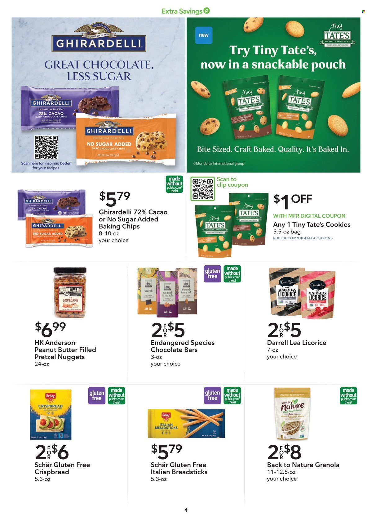 thumbnail - Publix Flyer - 04/20/2024 - 05/03/2024 - Sales products - pretzels, crispbread, snack, nuggets, cookies, dark chocolate, Ghirardelli, chocolate candies, chocolate bar, bars, bread sticks, baking chips, granola. Page 4.