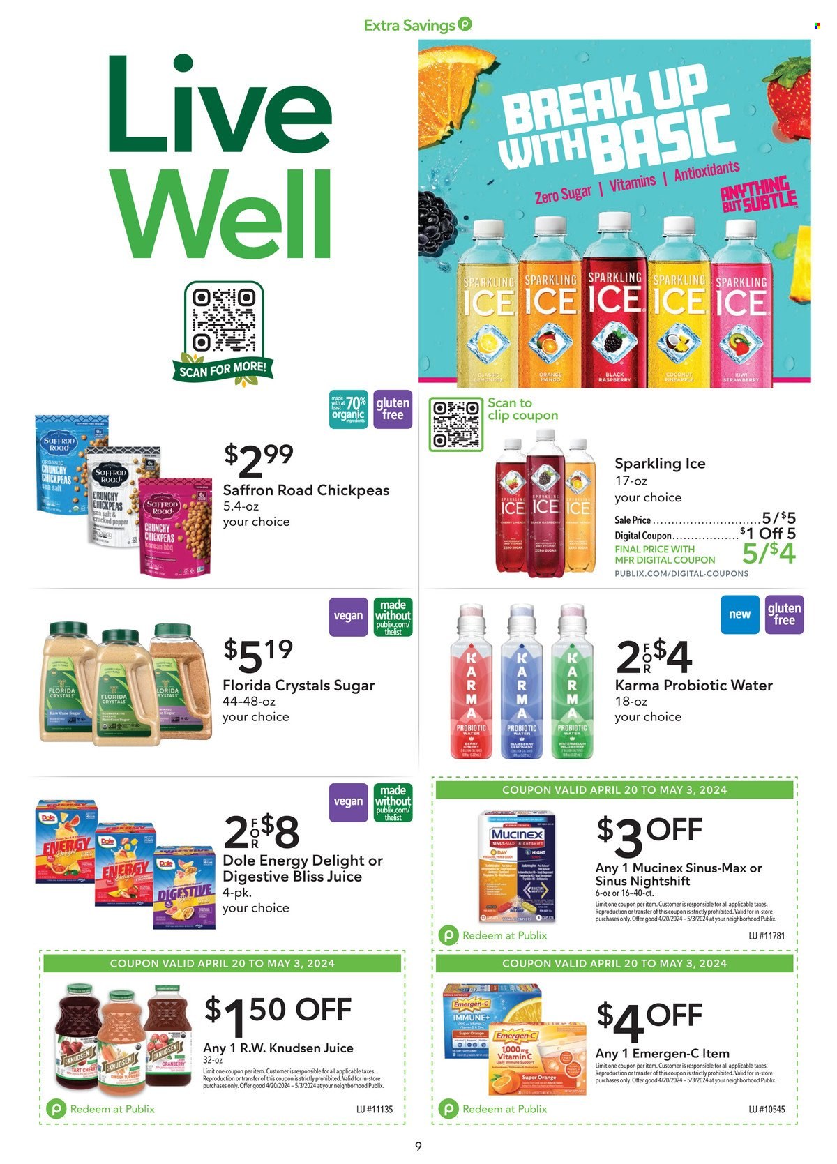 thumbnail - Publix Flyer - 04/20/2024 - 05/03/2024 - Sales products - Dole, probiotic drink, Digestive, chickpeas, pepper, juice, flavored water, water, Mucinex, vitamin c, Emergen-C, dietary supplement, vitamins. Page 9.