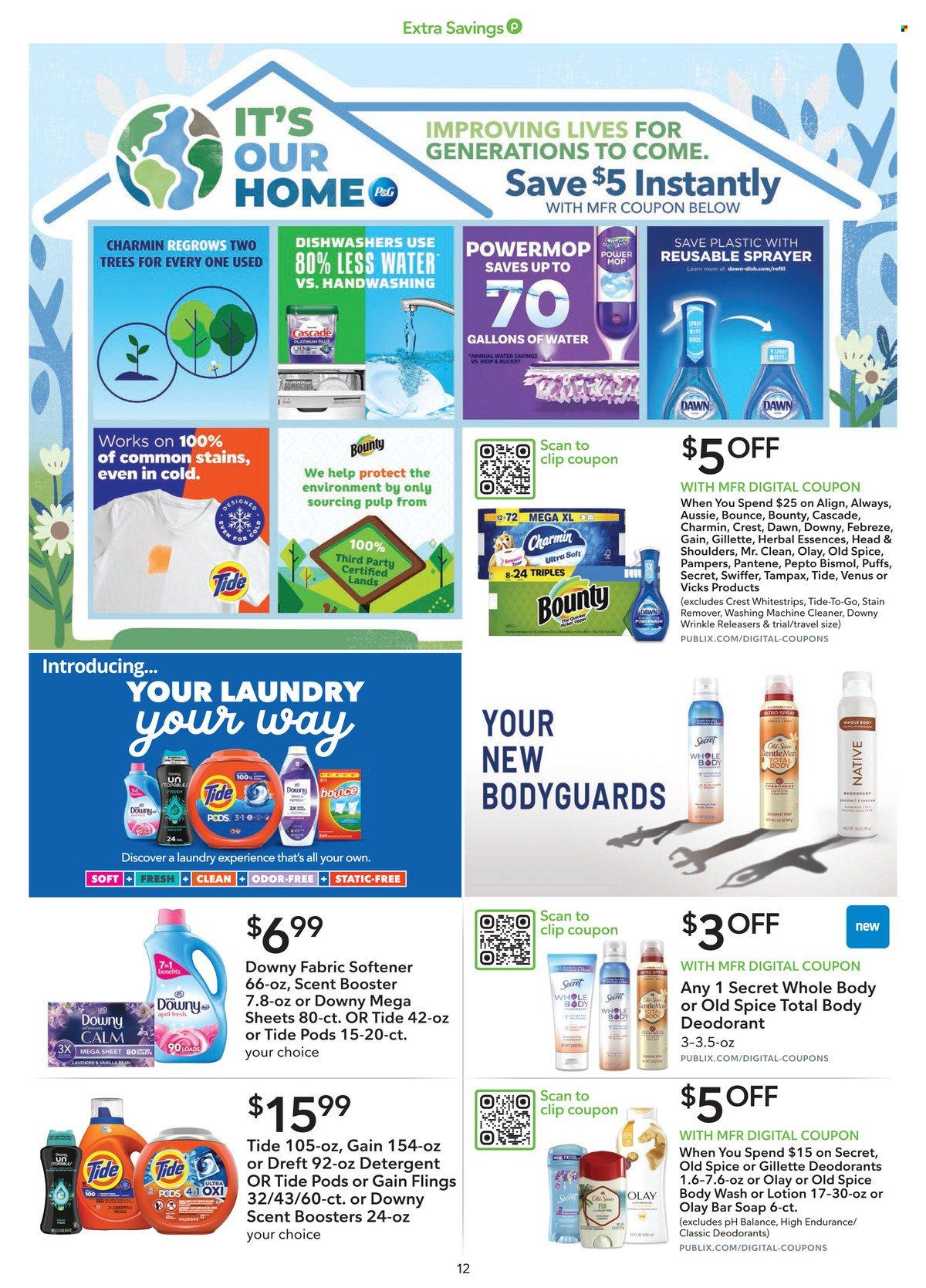 thumbnail - Publix Flyer - 04/20/2024 - 05/03/2024 - Sales products - puffs, Bounty, water, Pampers, Charmin, detergent, Febreze, Gain, cleaner, stain remover, washing machine cleaner, Swiffer, Cascade, Tide, fabric softener, laundry detergent, Bounce, scent booster, Downy Laundry, dishwasher tablets, body wash, Old Spice, soap bar, hair products, Crest, teeth whitening, Tampax, Olay, Aussie, Pantene, Herbal Essences, deodorant, Gillette, Venus, Vicks, Pepto-bismol, antinauseant product. Page 12.