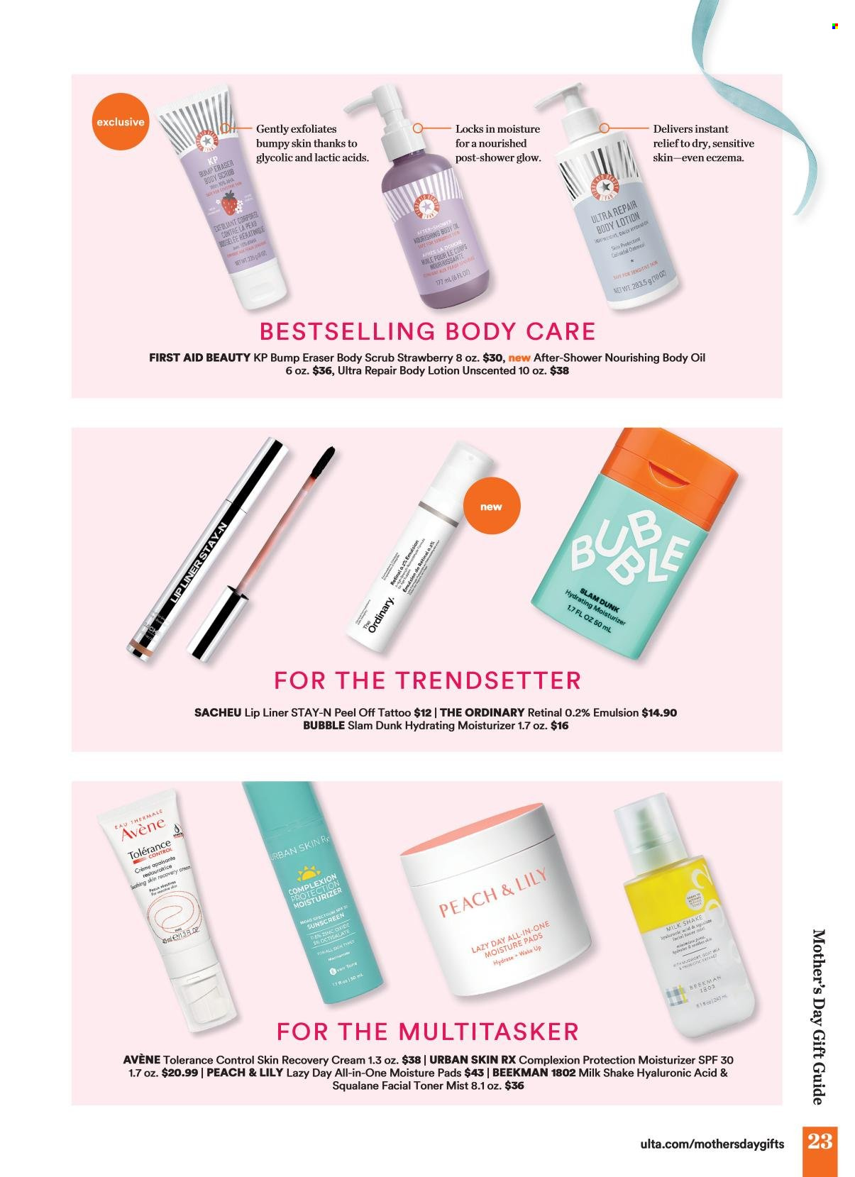 thumbnail - Ulta Beauty Flyer - 04/21/2024 - 05/12/2024 - Sales products - pads, moisturizer, The Ordinary, skin care product, body lotion, body oil, body scrub, sunscreen lotion, body care, Spectrum, lip crayon. Page 23.