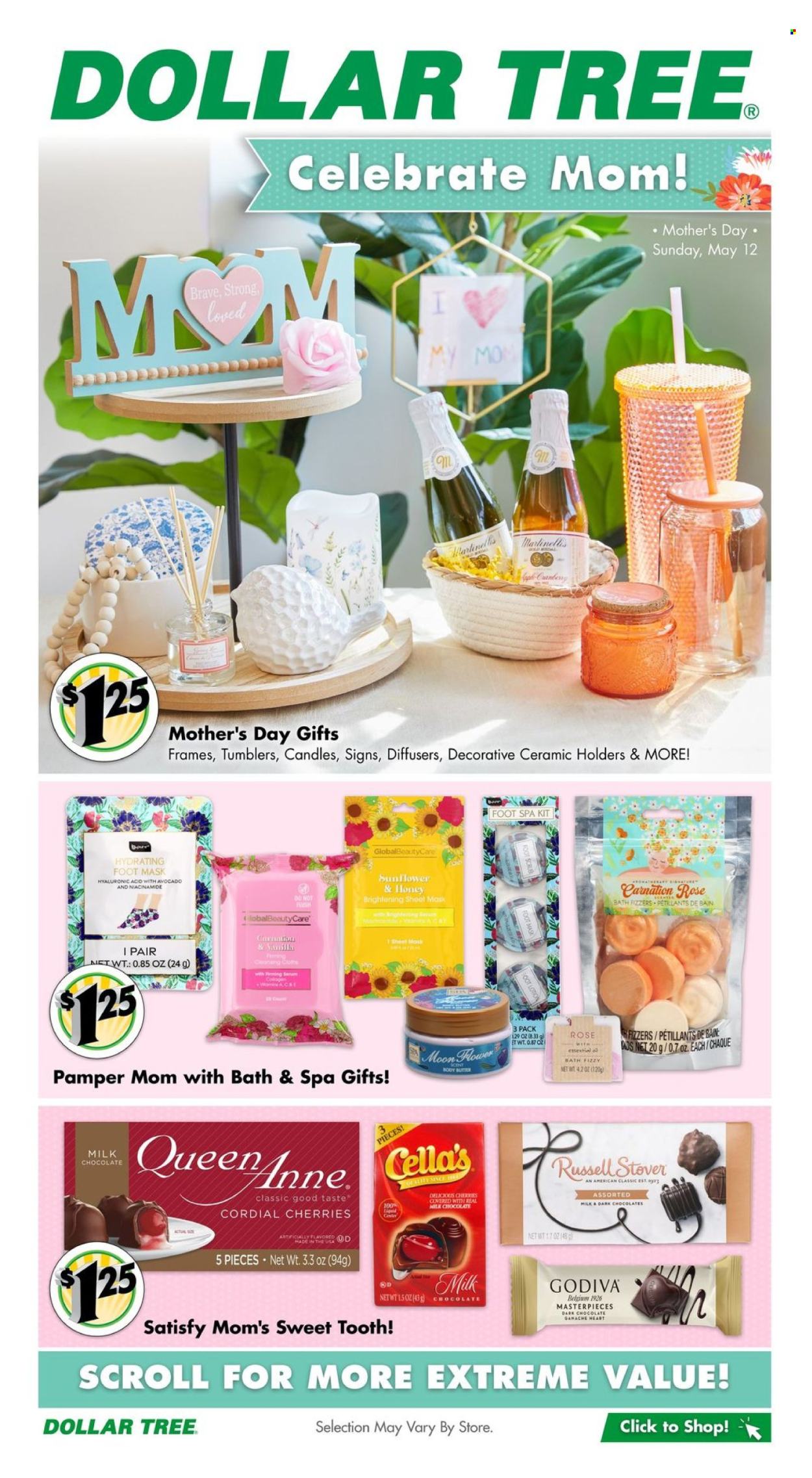 thumbnail - Dollar Tree Flyer - 04/21/2024 - 05/12/2024 - Sales products - milk chocolate, Godiva, dark chocolate, chocolate candies, bath bomb, serum, Niacinamide, body butter, foot care, foot mask, tumbler, candle, diffuser, Pamper, foot spa, sunflower, rose, carnation. Page 1.