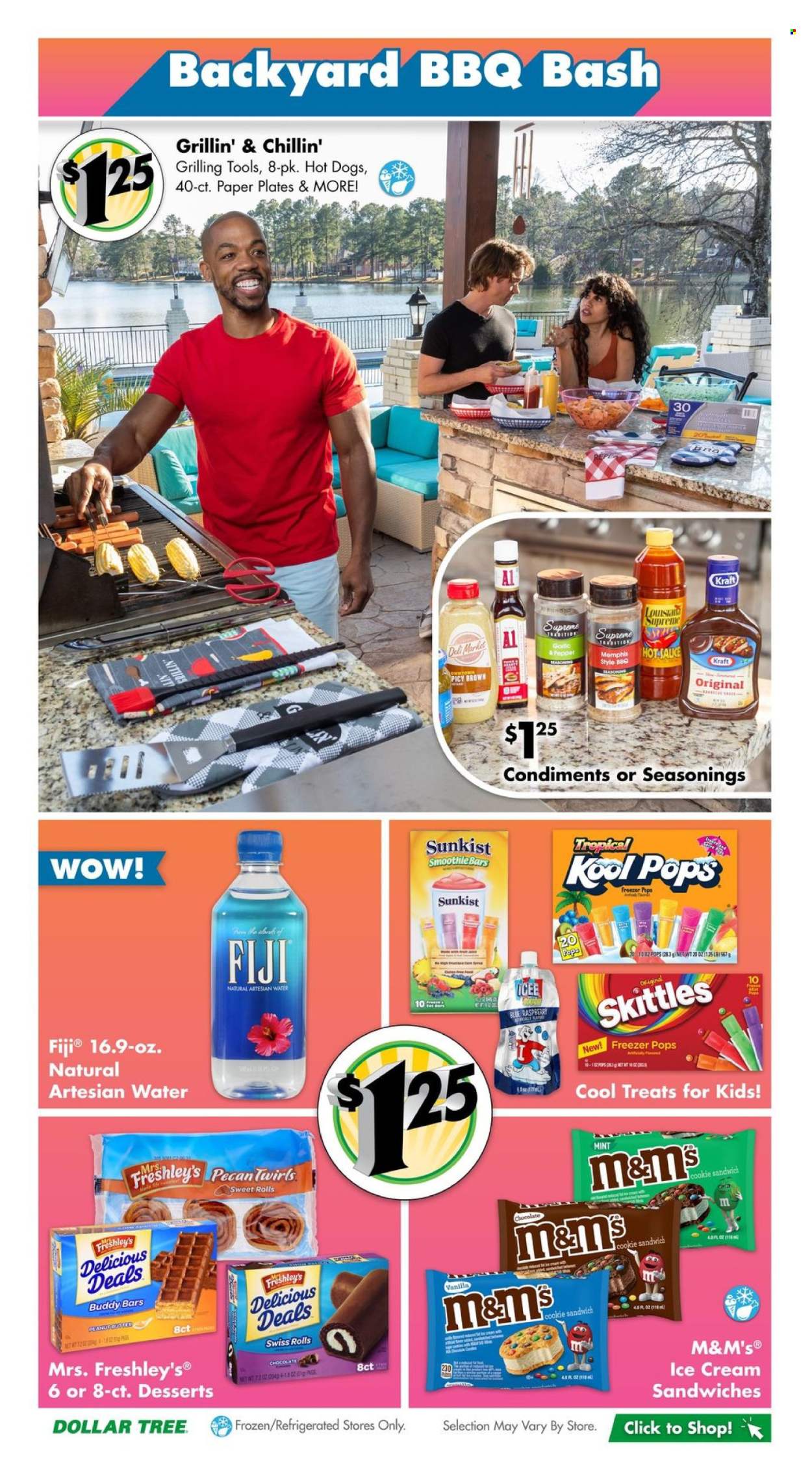 thumbnail - Dollar Tree Flyer - 04/21/2024 - 05/12/2024 - Sales products - sweet rolls, dessert, hot dog, Kraft®, ice cream, ice cream bars, ice cream sandwich, M&M's, Skittles, sweets, spice, mint, seasoning, smoothie, water, plate, candle, paper plate. Page 8.