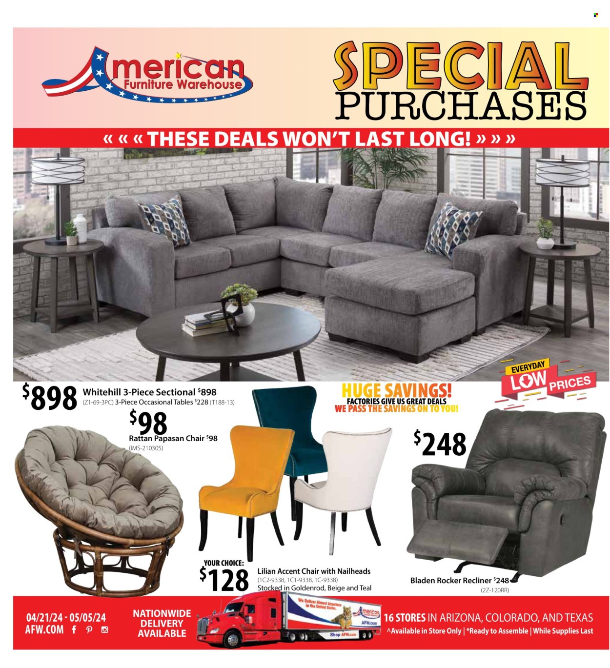 thumbnail - American Furniture Warehouse Flyer - 04/21/2024 - 05/05/2024 - Sales products - table, chair, 3-piece sectional, accent chair, recliner chair. Page 1.