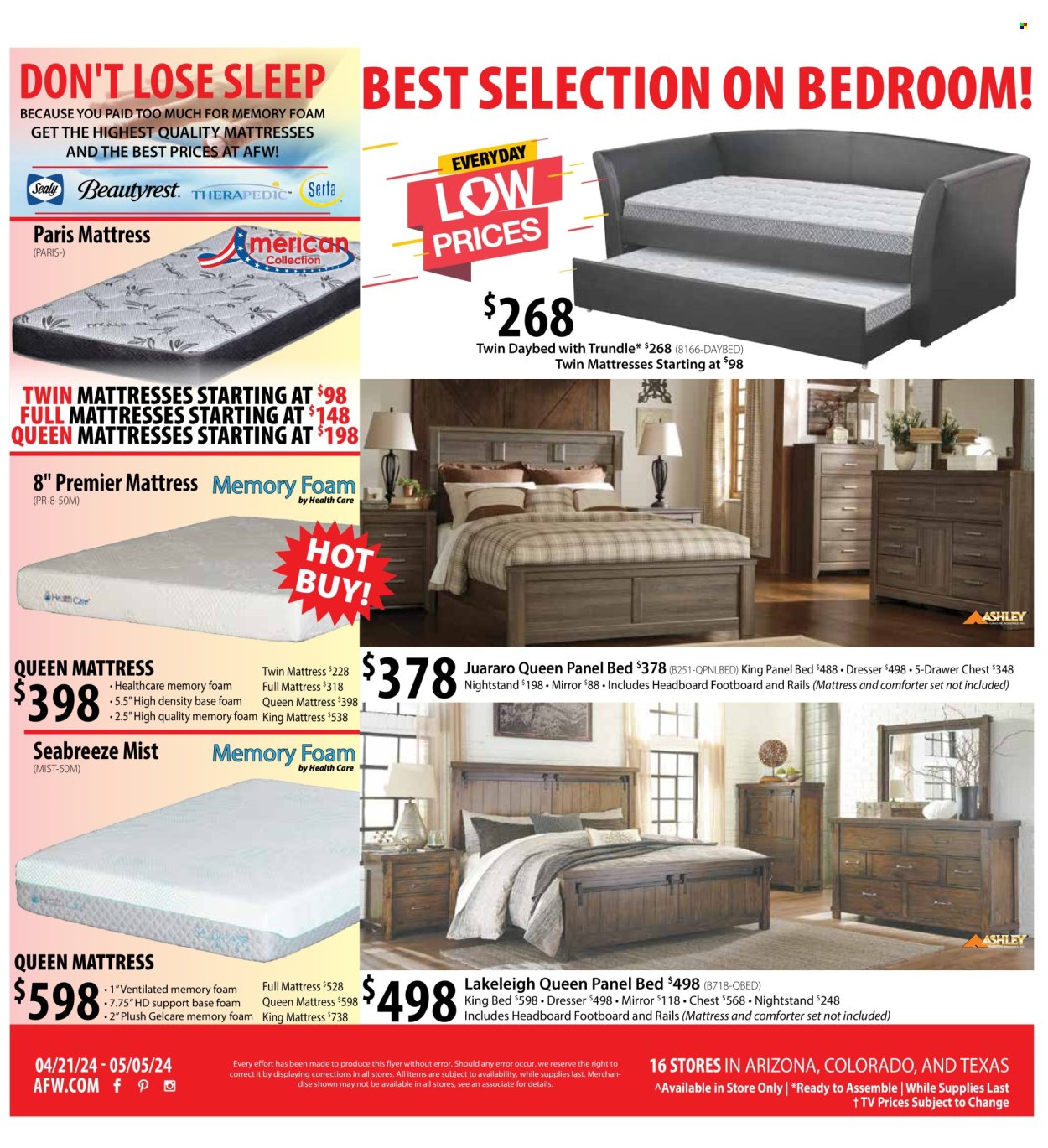 thumbnail - American Furniture Warehouse Flyer - 04/21/2024 - 05/05/2024 - Sales products - chest of drawers, bed, daybed, king bed, headboard, mattress, dresser, nightstand, mirror, comforter. Page 4.