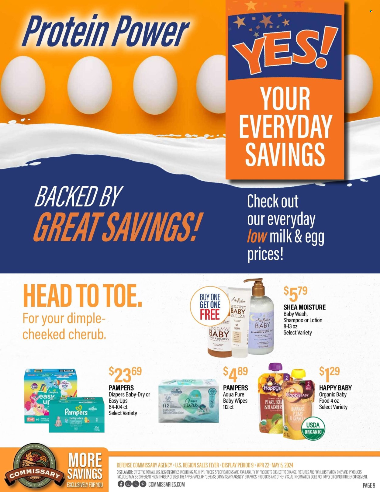 thumbnail - Commissary Flyer - 04/22/2024 - 05/05/2024 - Sales products - plums, pears, granola, coconut oil, wipes, Pampers, baby wipes, nappies, baby lotion, baby toiletries, shampoo, eggs. Page 9.