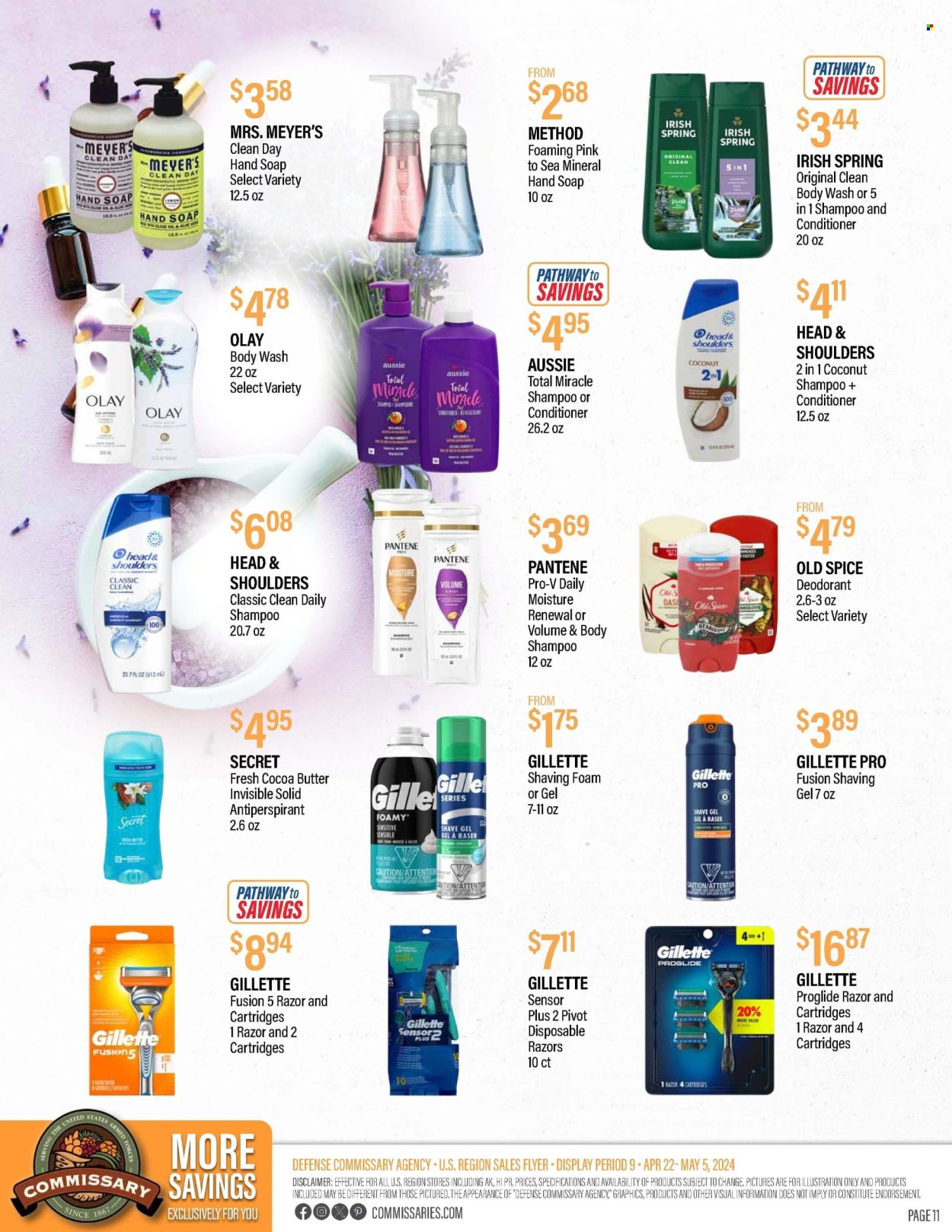 thumbnail - Commissary Flyer - 04/22/2024 - 05/05/2024 - Sales products - olive oil, body wash, shampoo, hand soap, Old Spice, soap, Olay, Aussie, conditioner, Head & Shoulders, Pantene, anti-perspirant, deodorant, Gillette, shave gel, shaving foam, disposable razor. Page 11.