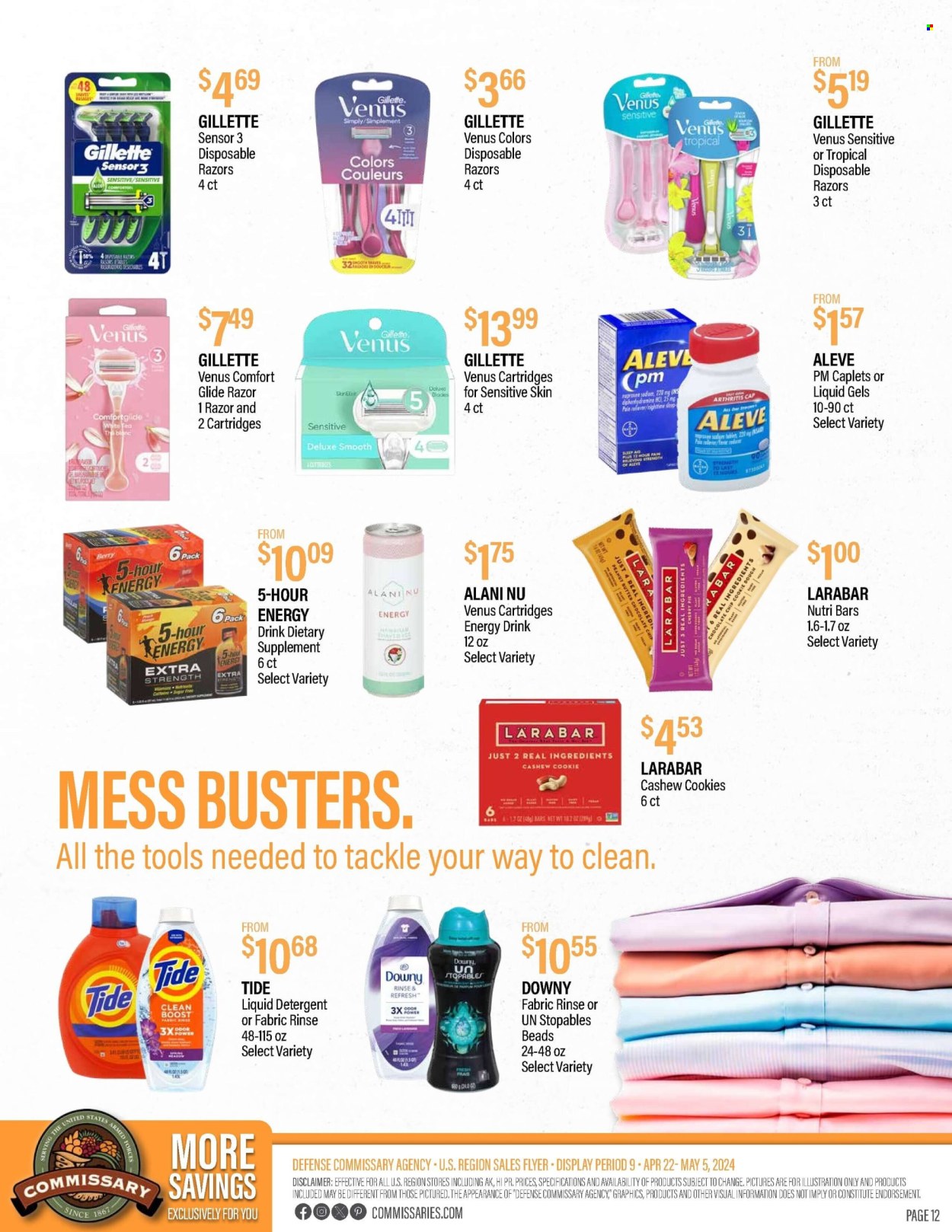 thumbnail - Commissary Flyer - 04/22/2024 - 05/05/2024 - Sales products - cherry pie, snack bar, bars, energy drink, Boost, detergent, Tide, fabric softener, liquid detergent, laundry detergent, Downy Laundry, Gillette, Venus, disposable razor, razor cartridges, Aleve, dietary supplement, health supplement, sleep aid product, pain therapy. Page 12.