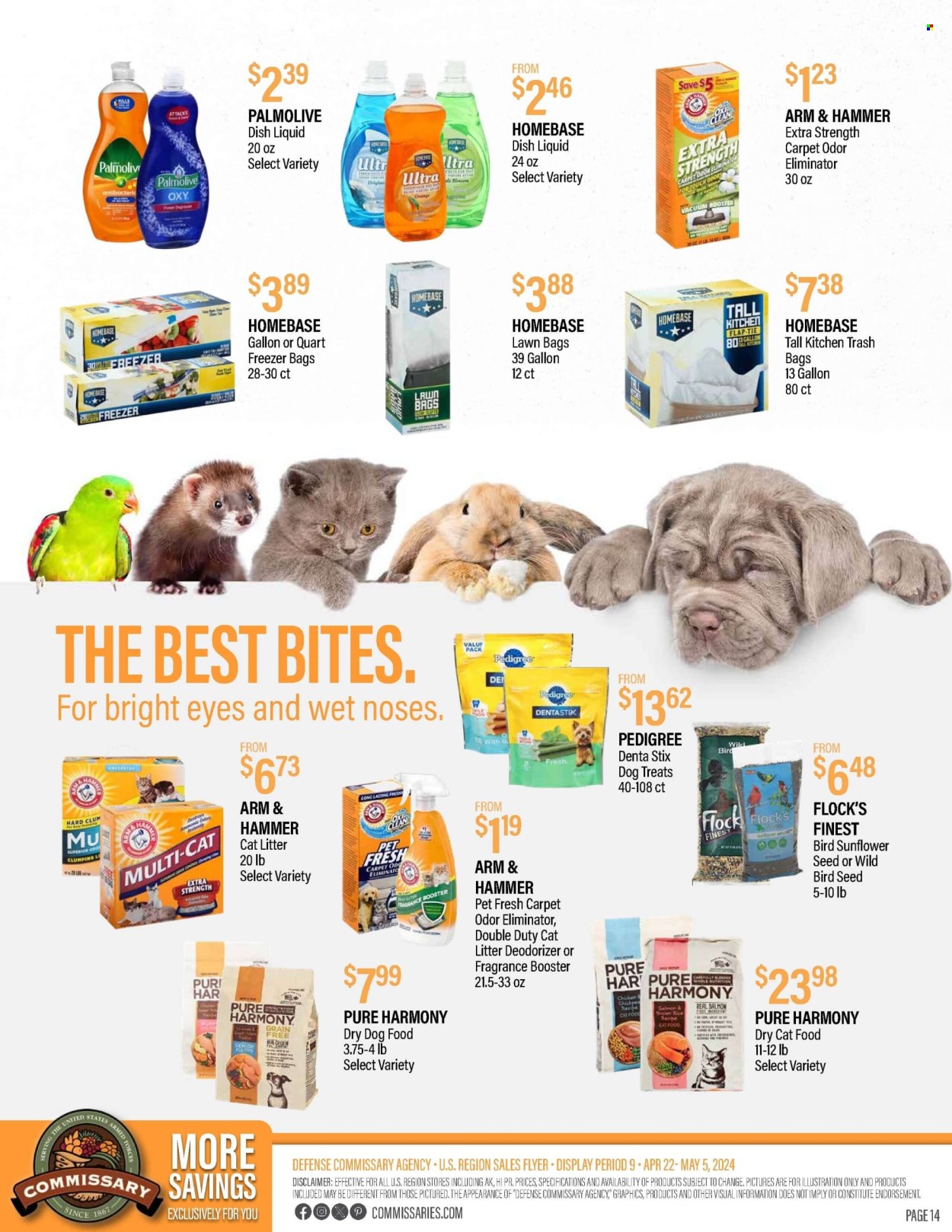 thumbnail - Commissary Flyer - 04/22/2024 - 05/05/2024 - Sales products - ARM & HAMMER, odor eliminator, dishwashing liquid, Palmolive, fragrance, trash bags. Page 14.