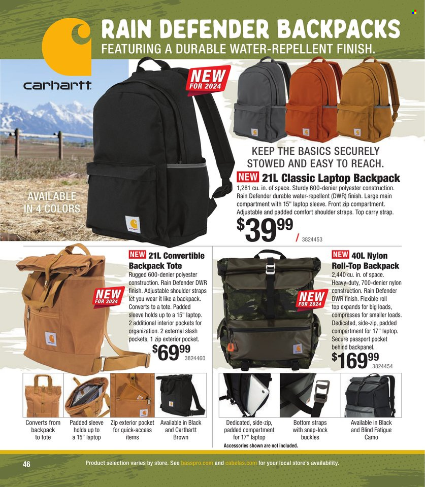thumbnail - Cabela's Flyer - Sales products - backpack, tote, laptop backpack, strap. Page 46.