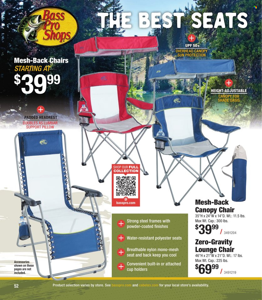 thumbnail - Cabela's Flyer - Sales products - pillow, chair, Bass Pro. Page 52.