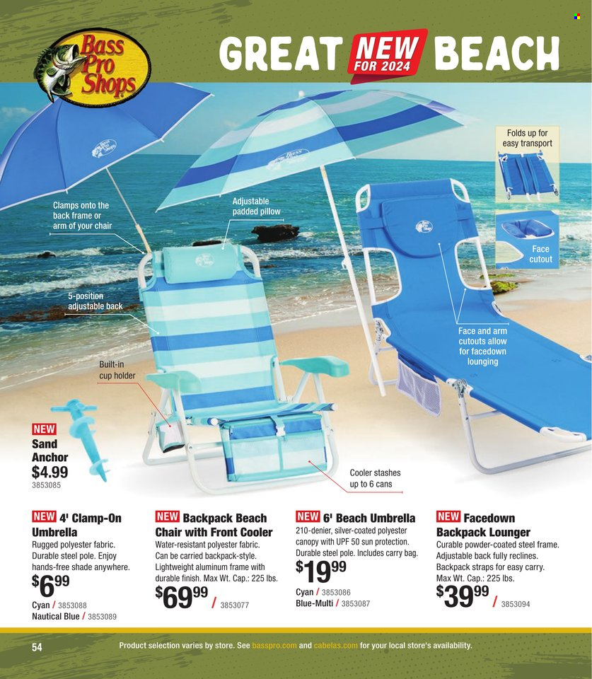 thumbnail - Cabela's Flyer - Sales products - pillow, holder, chair, umbrella, Bass Pro, drink holder, clamp. Page 54.