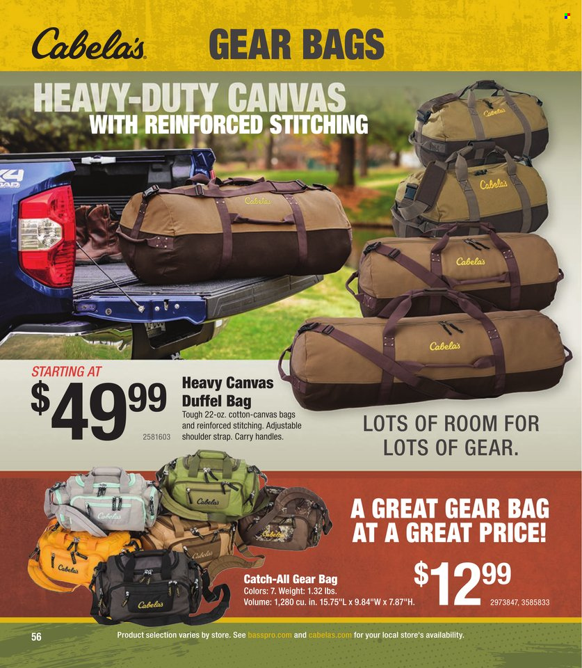 thumbnail - Cabela's Flyer - Sales products - bag, duffel bag, strap. Page 56.