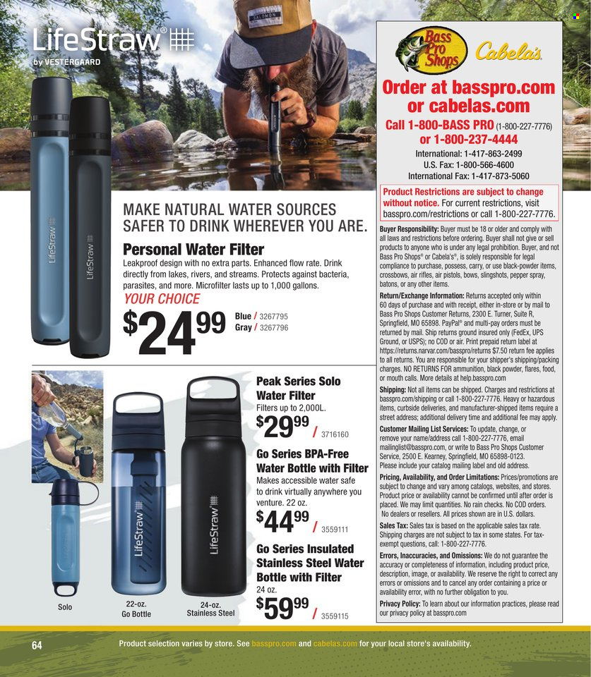thumbnail - Cabela's Flyer - Sales products - Salomon, water filter, drink bottle, Bass Pro, crossbow. Page 64.