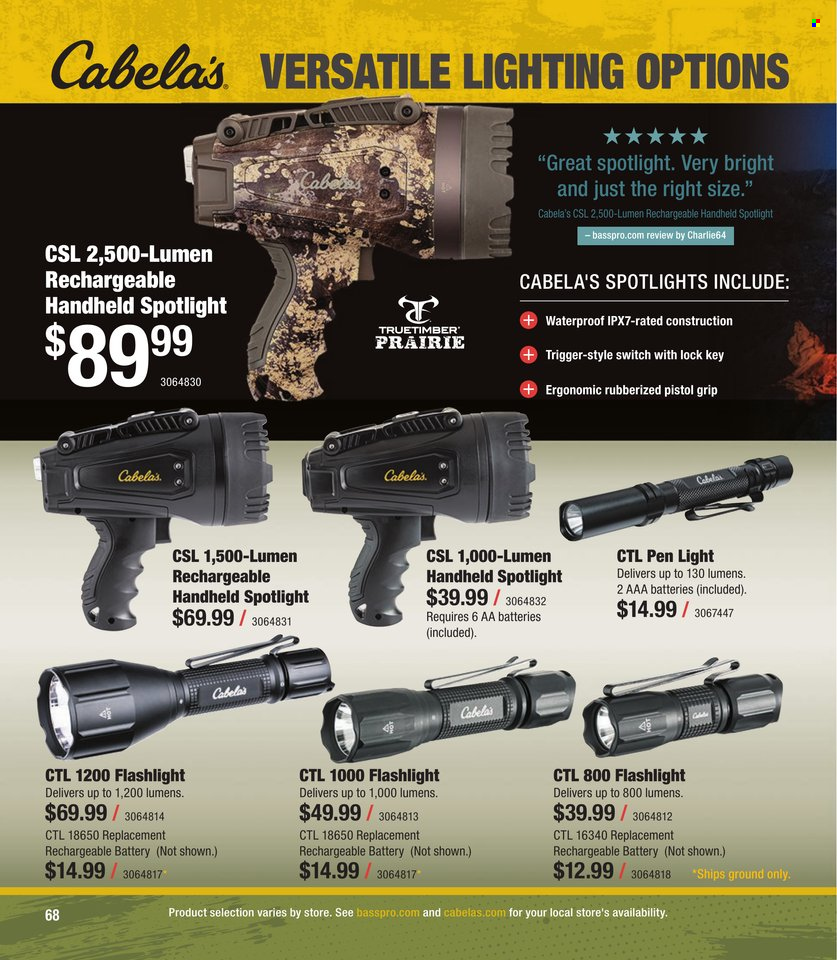 thumbnail - Cabela's Flyer - Sales products - spotlight, rechargeable battery, flashlight, lighting. Page 68.