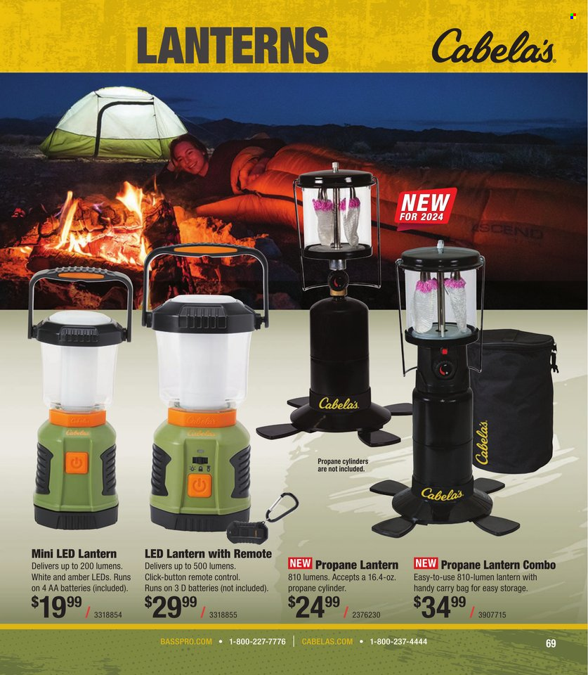 thumbnail - Cabela's Flyer - Sales products - carry bag, lantern, gas cylinder. Page 69.