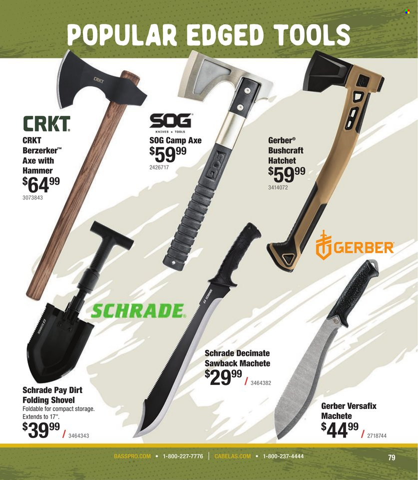 thumbnail - Cabela's Flyer - Sales products - Gerber, SOG, hammer, shovel, Axe. Page 79.