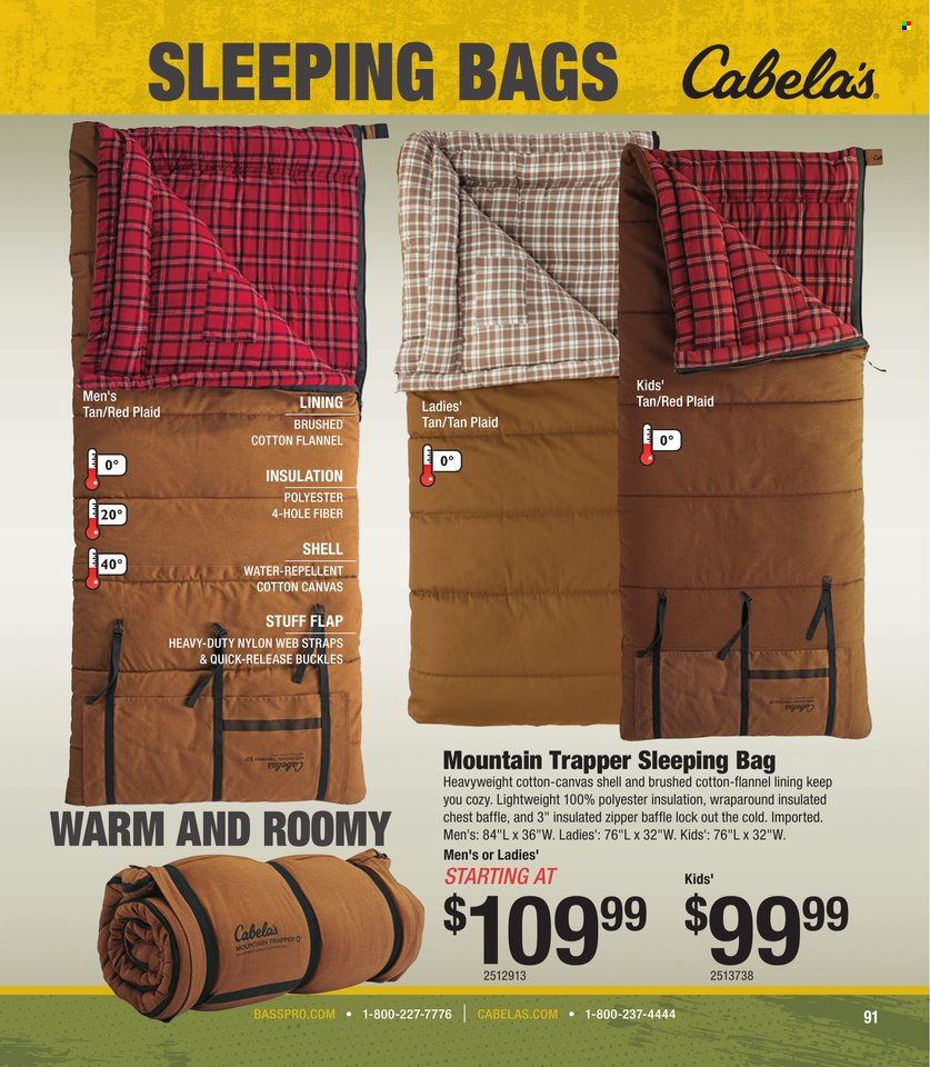 thumbnail - Cabela's Flyer - Sales products - sleeping bag, Shell. Page 91.