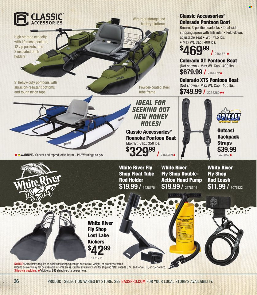thumbnail - Bass Pro Shops Flyer - Sales products - battery platform, leash, tops, rod holder, boat. Page 36.