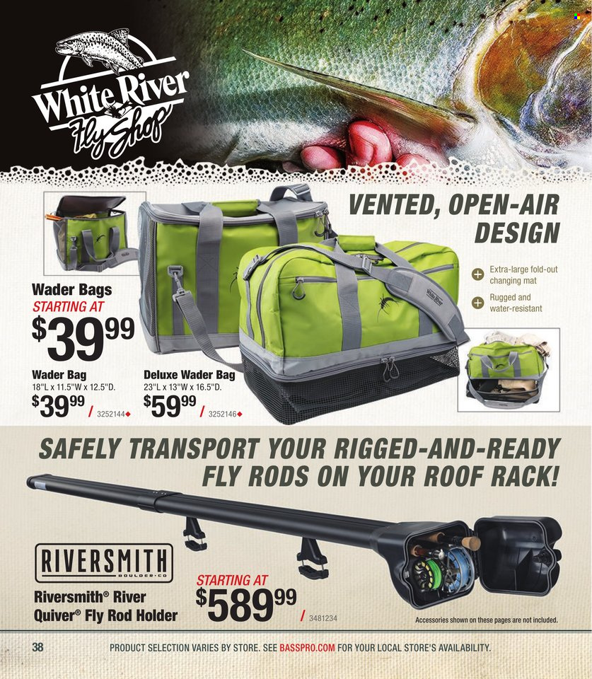 thumbnail - Bass Pro Shops Flyer - Sales products - bag, rod holder, Wader. Page 38.