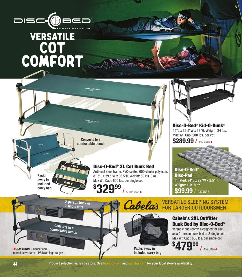 thumbnail - Bass Pro Shops Flyer - Sales products - bed, bunk bed, carry bag, cot. Page 44.