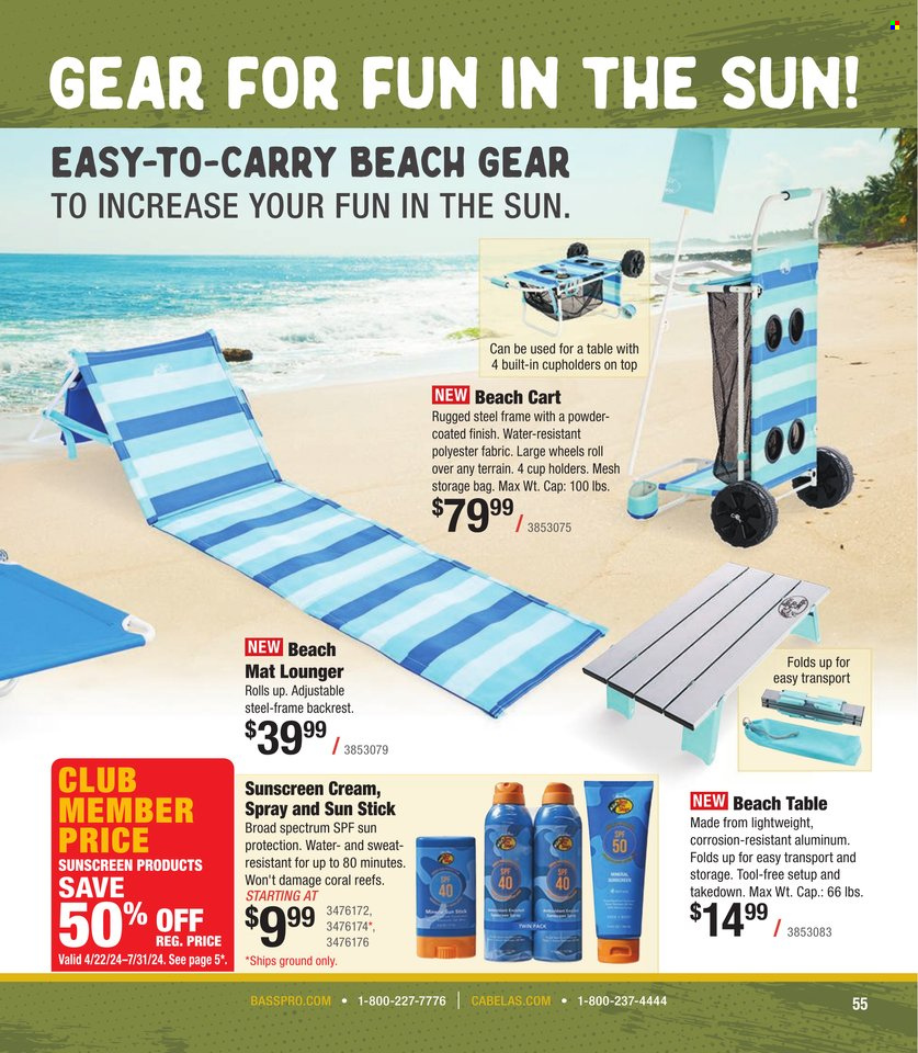 thumbnail - Bass Pro Shops Flyer - Sales products - back pillow, table, storage bag, beach mat, cart. Page 55.