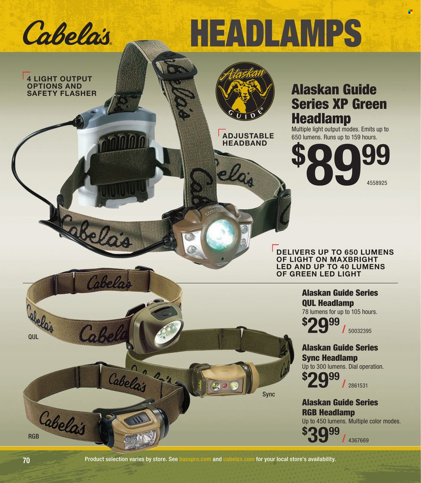 thumbnail - Bass Pro Shops Flyer - Sales products - headband, headlamp, LED light. Page 70.
