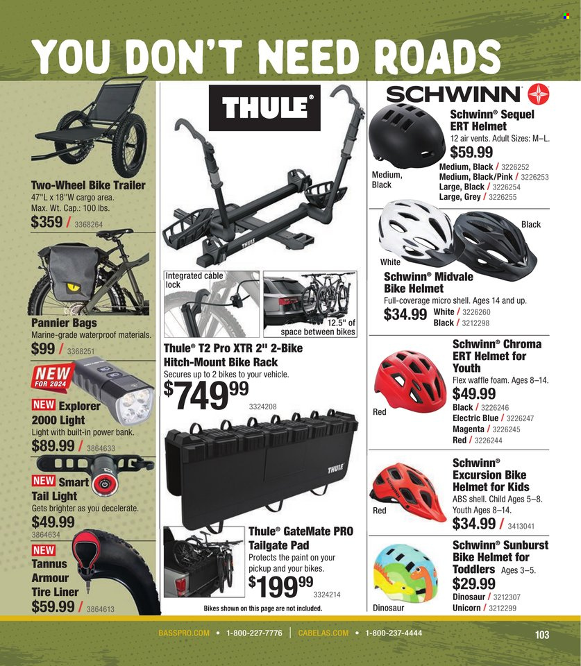 thumbnail - Bass Pro Shops Flyer - Sales products - bag, helmet, bike rack, bicycle accessories, dinosaur, trailer, Shell. Page 103.
