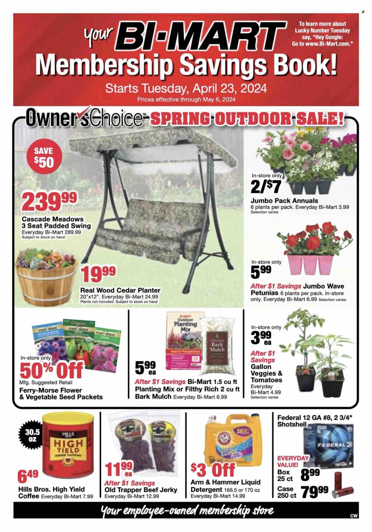 thumbnail - Bi-Mart Flyer - 04/23/2024 - 05/06/2024 - Sales products - tomatoes, beef jerky, jerky, ARM & HAMMER, coffee, detergent, Cascade, liquid detergent, WAVE, gallon, book, Hill's, plant pot, garden mulch. Page 1.