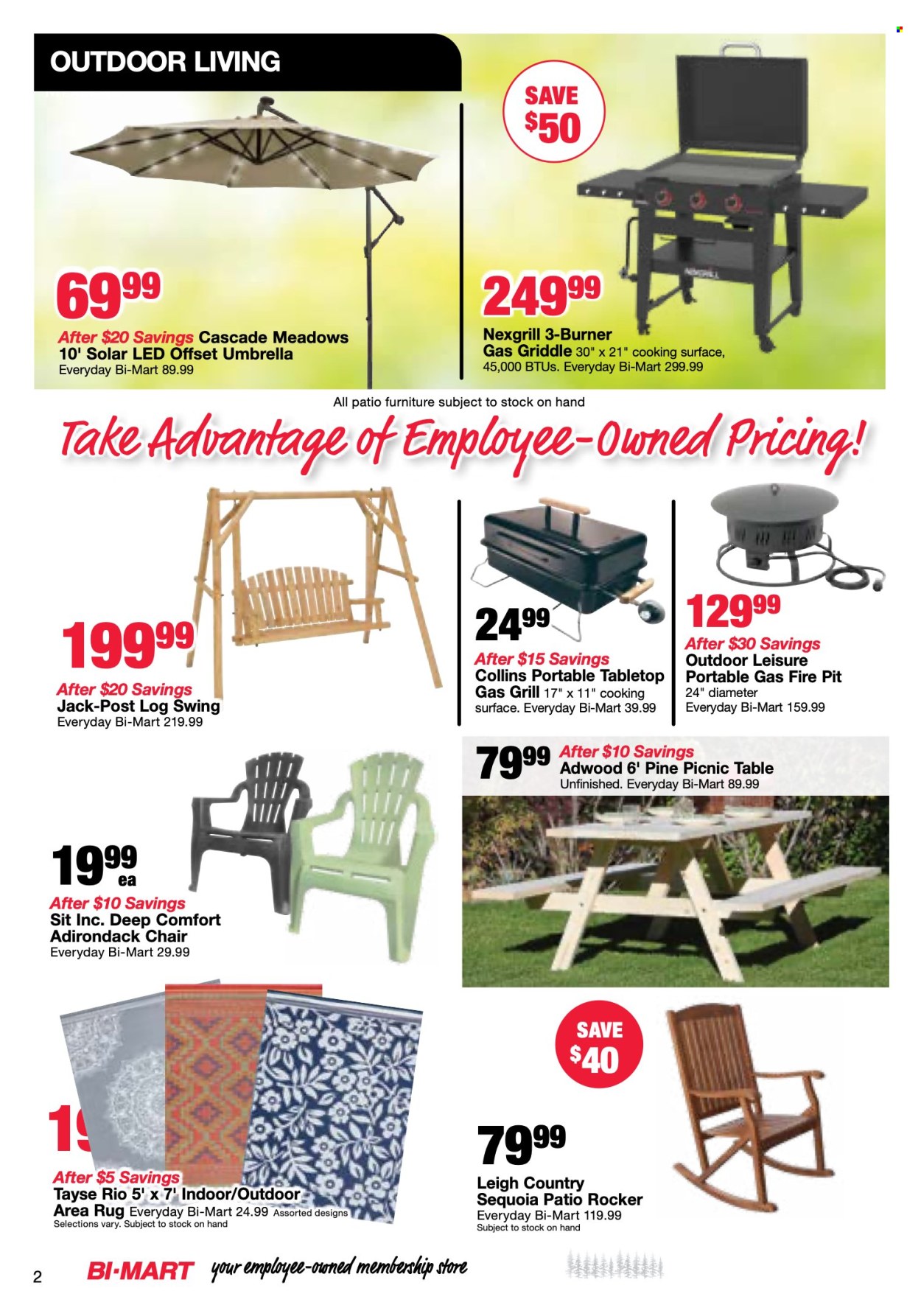 thumbnail - Bi-Mart Flyer - 04/23/2024 - 05/06/2024 - Sales products - table, chair, patio furniture, garden furniture, picnic table, patio chair, patio rocker, Cascade, solar led, rug, area rug, umbrella, parasol, gas grill, grill, fire bowl, griddle. Page 2.