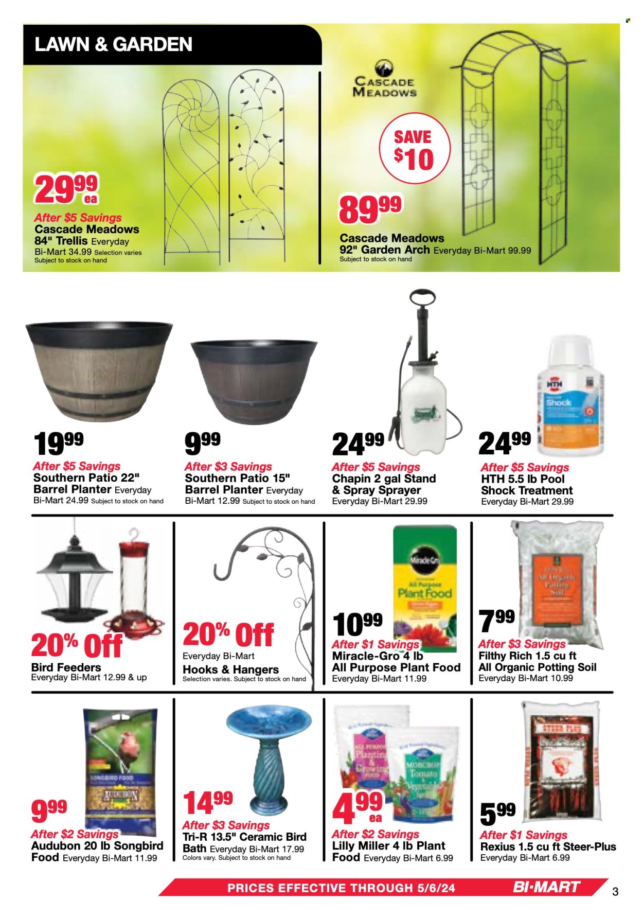 thumbnail - Bi-Mart Flyer - 04/23/2024 - 05/06/2024 - Sales products - hook, Miller, Cascade, hanger, bird feeder, bird bath, pool, fertilizer, plant pot, sprayer, garden arch. Page 3.