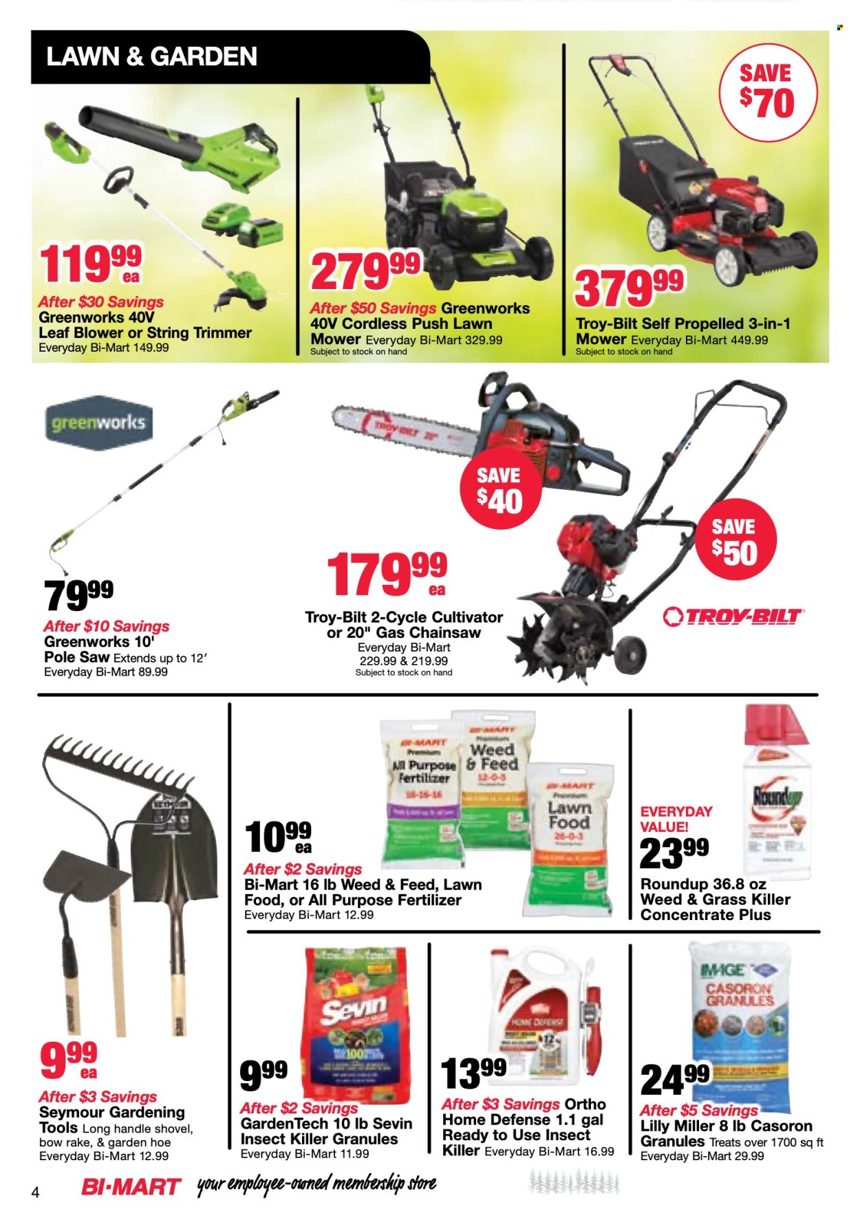 thumbnail - Bi-Mart Flyer - 04/23/2024 - 05/06/2024 - Sales products - Miller, insect killer, trimmer, leaf blower, gardening tools, chain saw, saw, string trimmer, lawn mower, shovel, blower, fertilizer, Roundup, rake. Page 4.