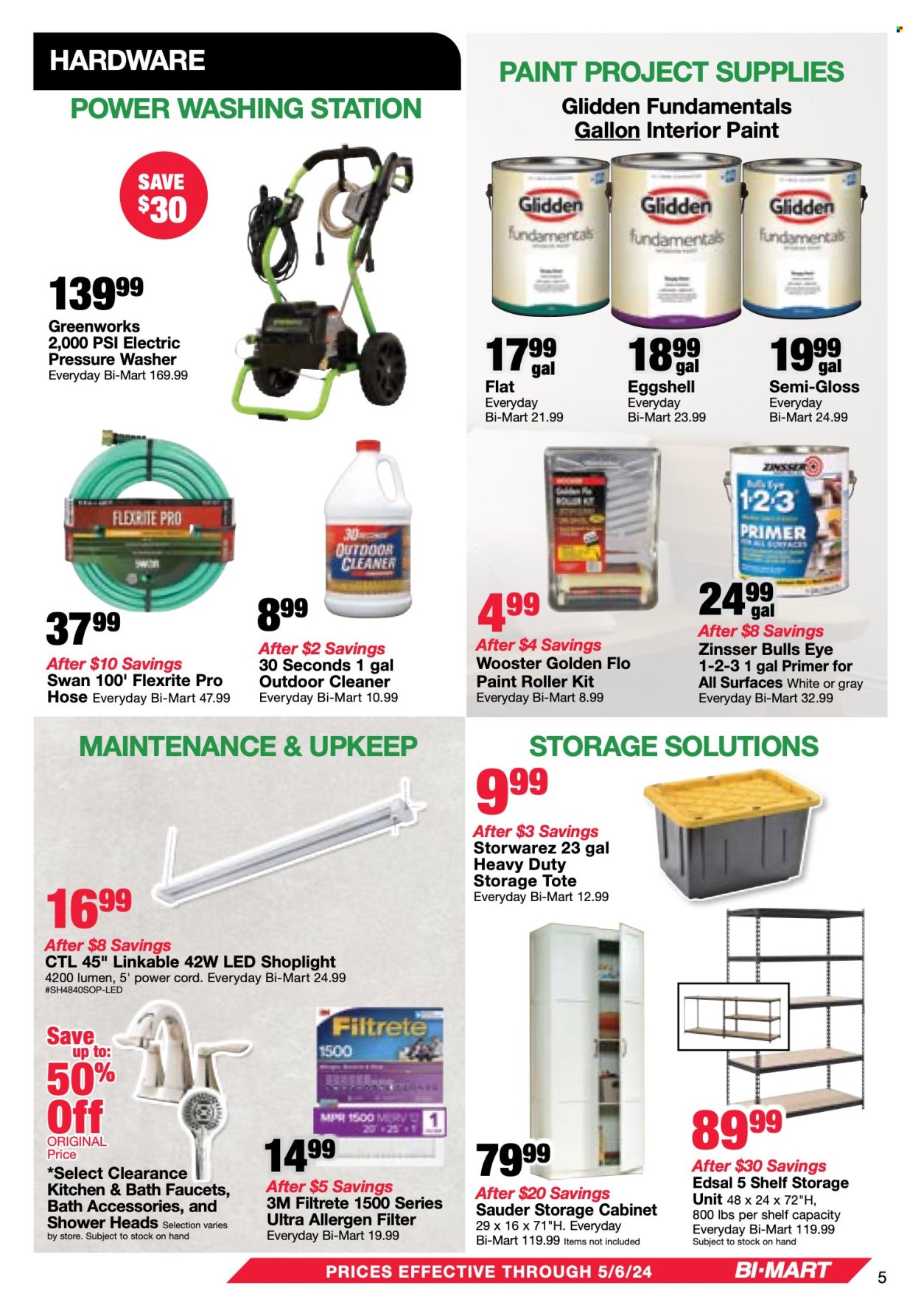 thumbnail - Bi-Mart Flyer - 04/23/2024 - 05/06/2024 - Sales products - cabinet, storage box, bath product, cleaner, roller, Filtrete, electric pressure washer, pressure washer, tool cabinets, storage tote. Page 5.